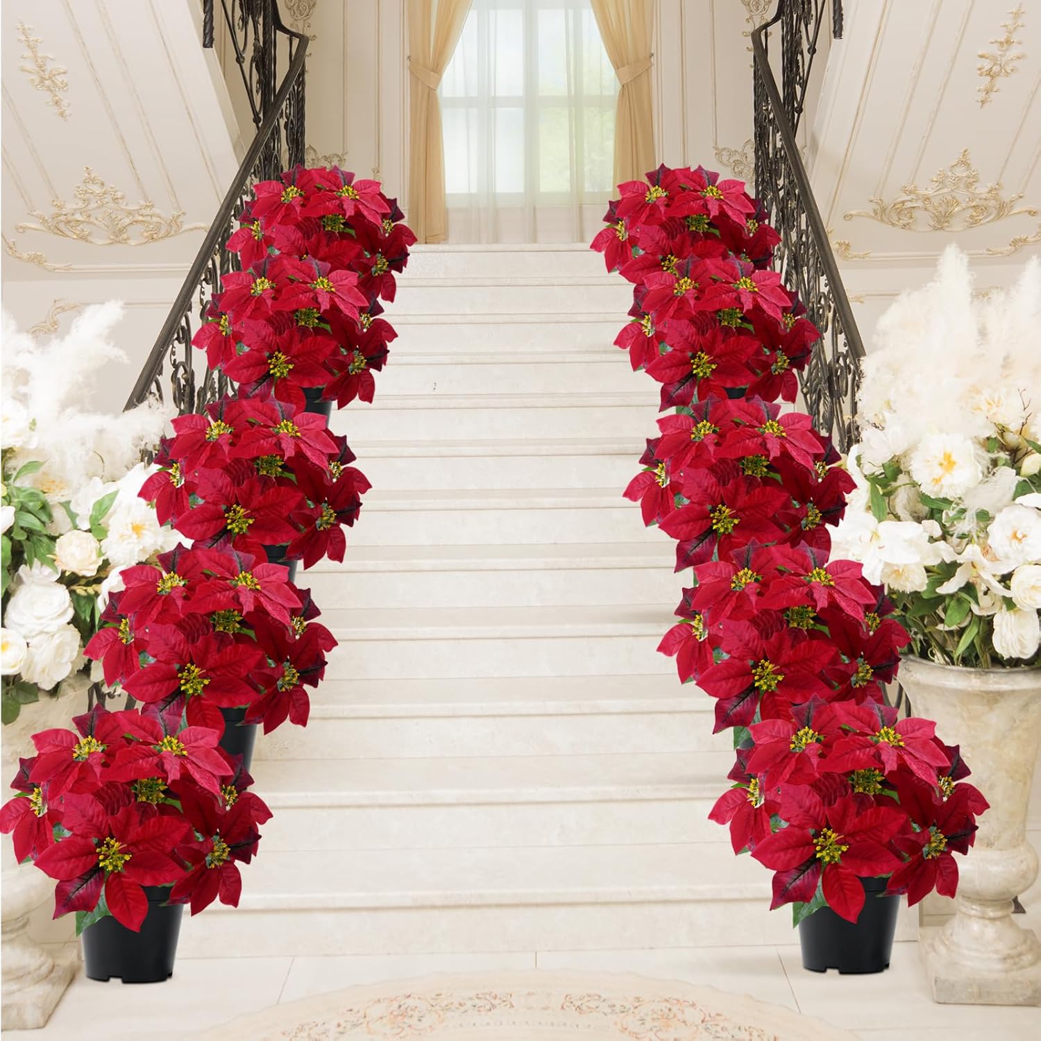 Poinsettia Artificial Red Christmas Flowers 14Inch Faux Poinsettia Plant Winter Flowers for Indoor Outdoor Xmas Ornament Porch Home Garden Decorations