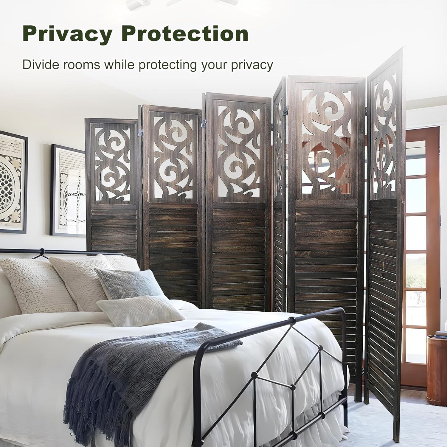 NicBex 8 Panel Room Divider,5.6FT Wood Carved Room Dividers,Folding Privacy Screens Portable Freestanding Partition Wall Dividers for Room Separation,Home Bedroom Office,Rustic Brown