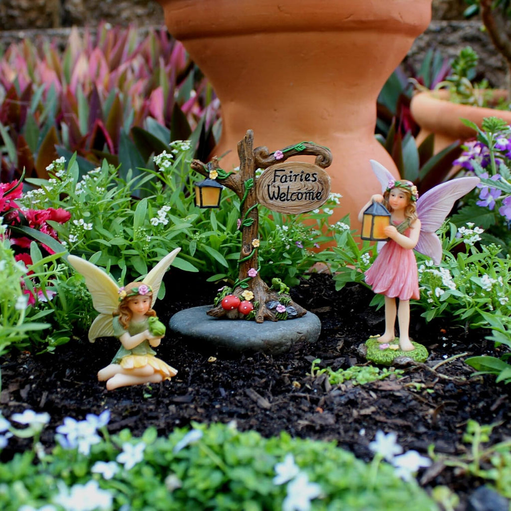 PRETMANNS Fairies for Fairy Garden – Cute Accessories for an Outdoor Miniature Garden with Figurines and a Sign- Colorful Supplies – 3 Piece Set