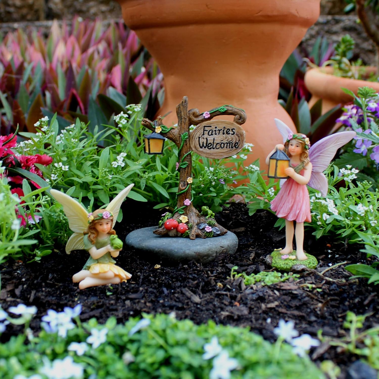 PRETMANNS Fairies for Fairy Garden – Cute Accessories for an Outdoor Miniature Garden with Figurines and a Sign- Colorful Supplies – 3 Piece Set