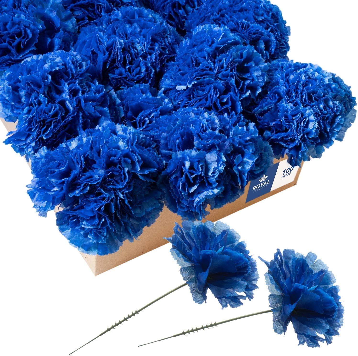 Royal Imports Artificial Carnations, Silk Faux Flowers, for Funeral Arrangements, Wedding Bouquets, Cemetery Wreaths, DIY Crafts - 100 Single 5" Stems - Royal Blue