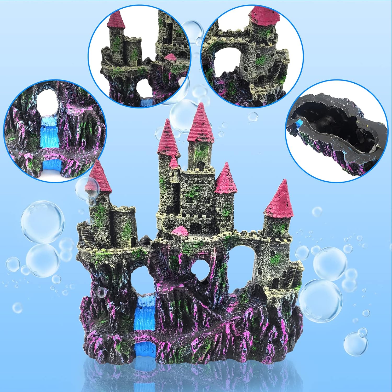 PINVNBY Aquarium Resin Castle Decoration,Fish Tank Driftwood Castle Cave Hideouts House Plants Supplies Accessories(Pink)