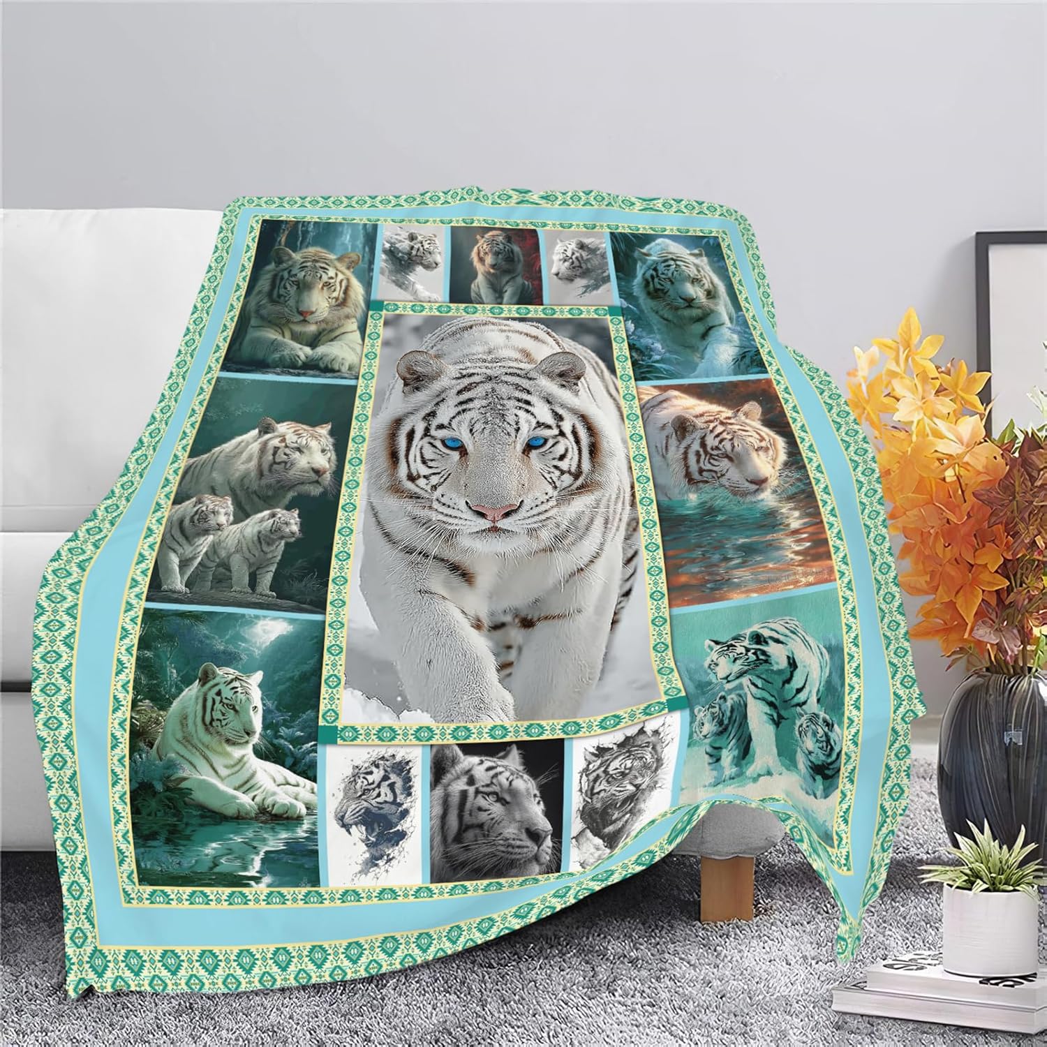 White Tiger Throw Blanket White Tiger Stuff Gifts for Kids Girls Boys Adults Women Men Soft Cozy Warm Plush Fluffy Fuzzy Fleece Blanket Decor 40''X50''