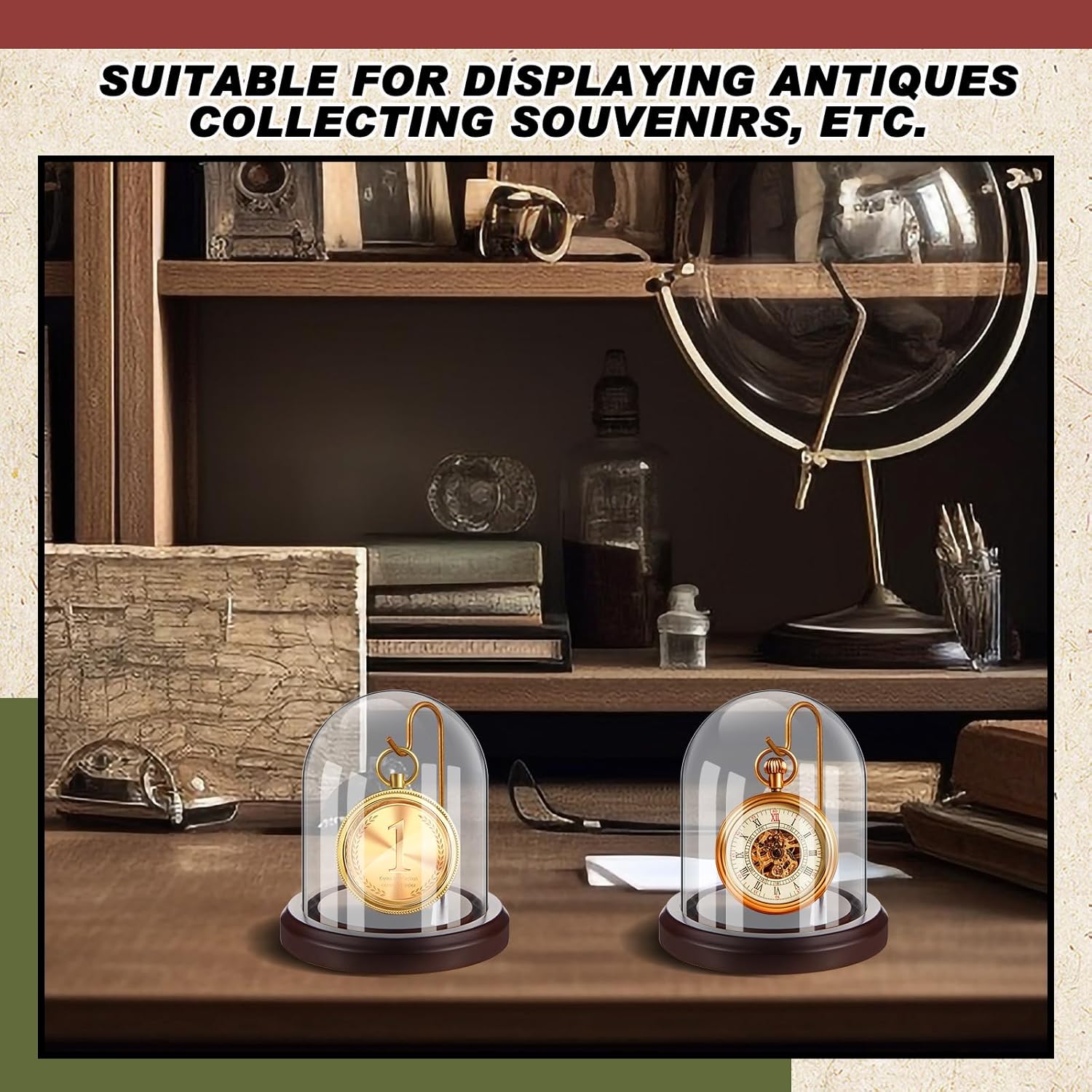 2 Pcs Pocket Watch Glass Display with Hooks Dome Cloche with Wood Base Decorative Glass Display Dome Showcase for Watch Plants Medals Photos Collectibles Dark MDF Base(3" X 4",Gold Hook)