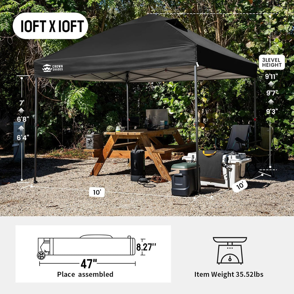 CROWN SHADES 10x10 Pop Up Canopy Tent - Patented Center Lock One Push Instant Outdoor Canopy Beach Tent with STO-N-Go Bag 8 Stakes & 4 Sand Bags，Black
