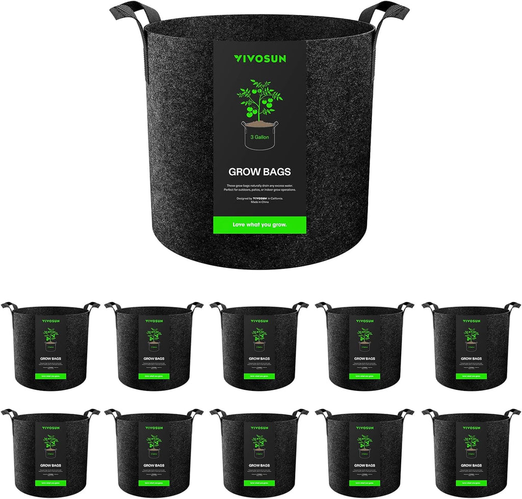 VIVOSUN 10-Pack 3 Gallon Grow Bags, Reinforced Planter Fabric Pots for Gardening Black