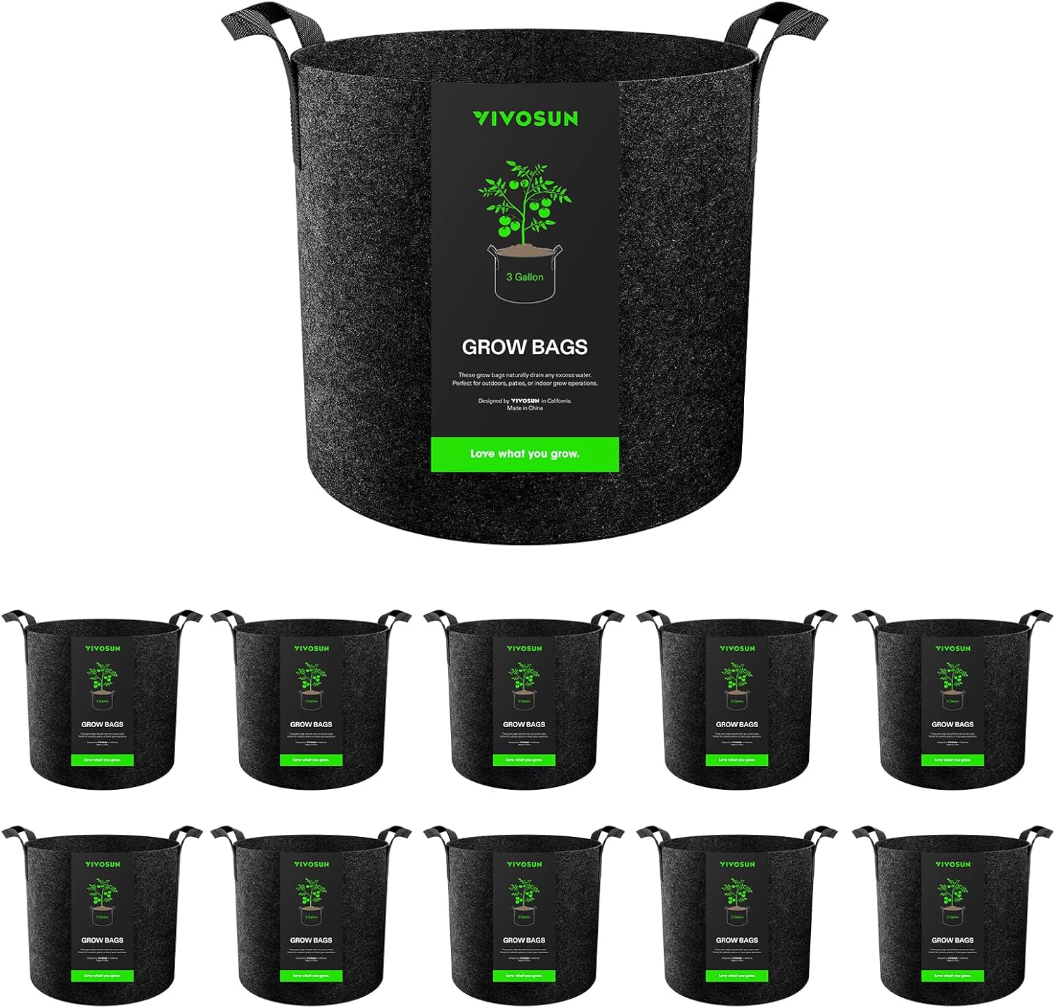 VIVOSUN 10-Pack 3 Gallon Grow Bags, Reinforced Planter Fabric Pots for Gardening Black