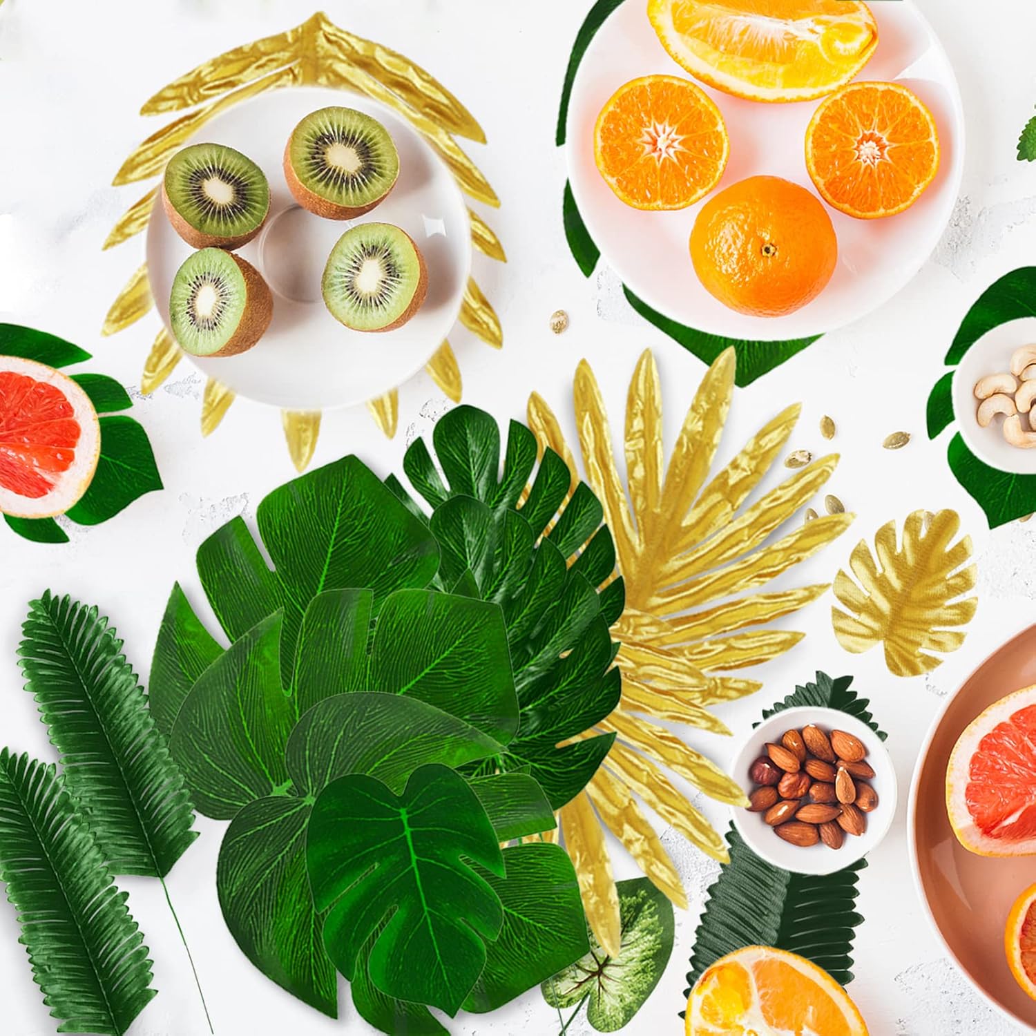 Tropical Party Decorations, 50 Pieces 7 Kinds Artificial Palm Leaves Green and Gold Tropical Monstera Leaves with Stems for Hawaiian Luau Party Jungle Beach Table Leave Decorations