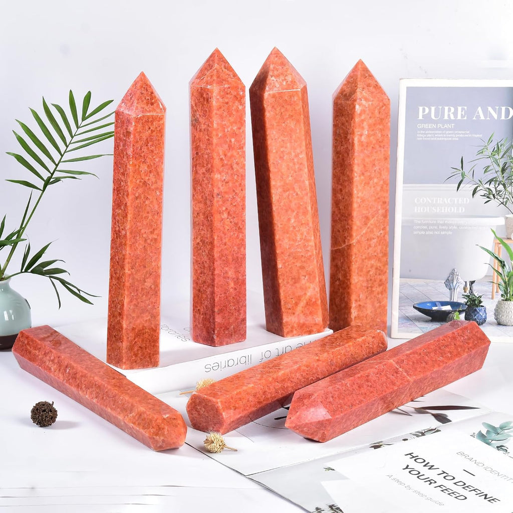 JIC Gem Extra Large Sunstone Obelisk Tower Points Natural Healing Crystal Wand 6 Faceted Sunstone Quartz Crystals Tower Wand Home Decor Reiki Chakra Meditation 3.0-3.5 Lbs