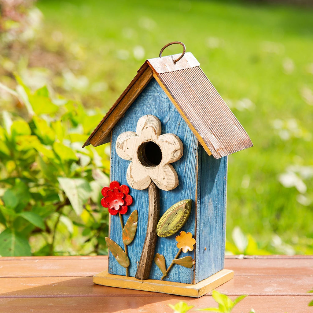 Glitzhome 10.2" H Hanging Bird House for Outdoor Patio Garden Decorative BirdHouse Pet Cottage Distressed Wooden Birdhouse with 3D Flowers, Washed Blue