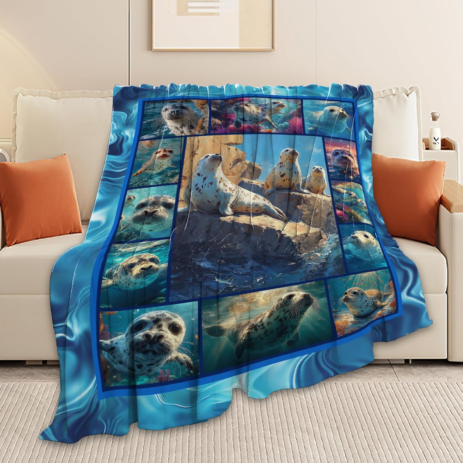 Seal Throw Blanket Ocean Seal Stuff Gifts for Kids Girls Boys Adults Women Men Soft Cozy Warm Plush Fluffy Fuzzy Fleece Blanket Decor 40''X50''