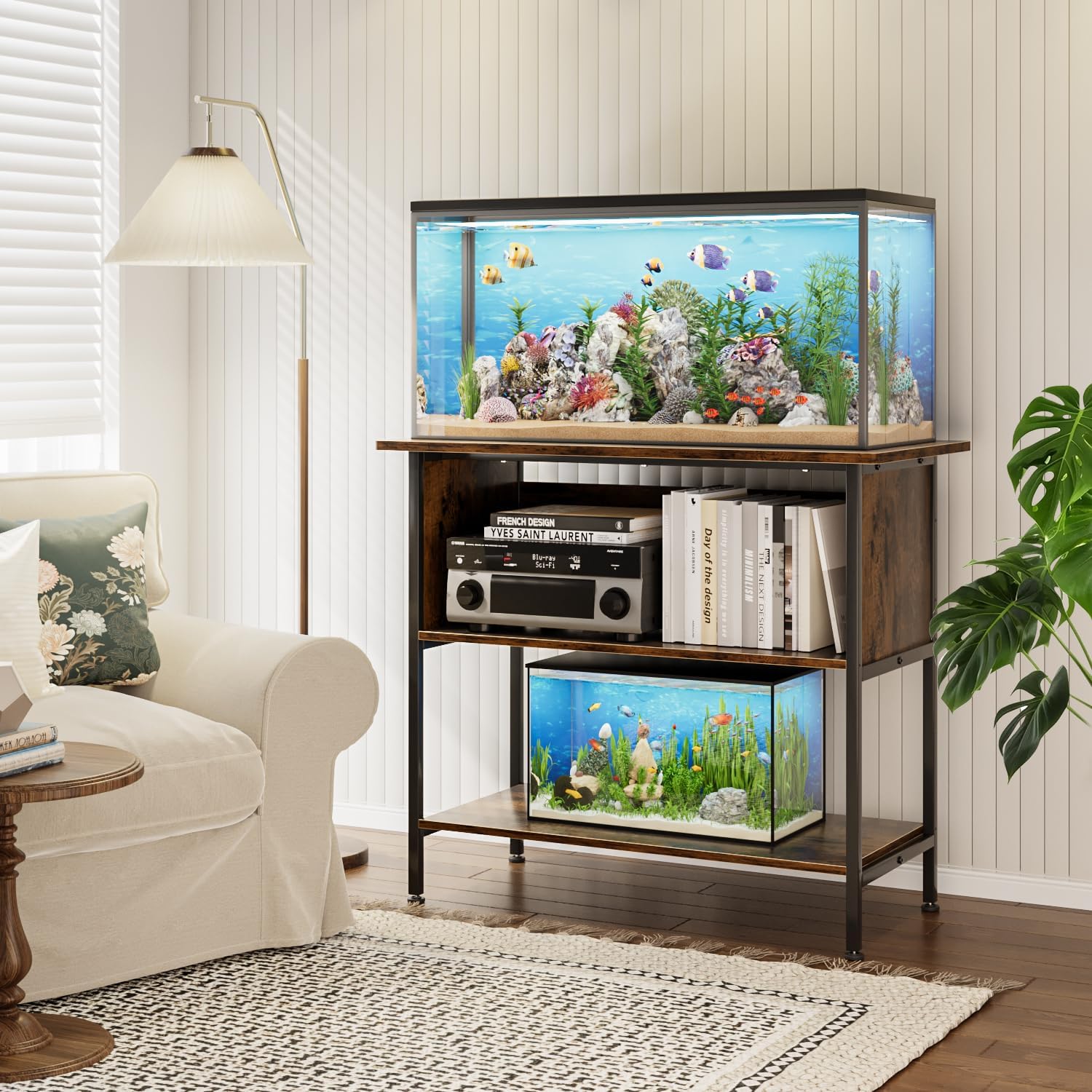 APPLOYN 40-50 Gallon Fish Tank Stand, Aquarium Stand with 3-Tier Storage Shelf, Heavy Duty Metal Frame for Turtle Reptile Terrarium Tank Stand, for Living Room, Office, 36.6" L x 18.9" W x 31.5" H, Black, Vintage Brown