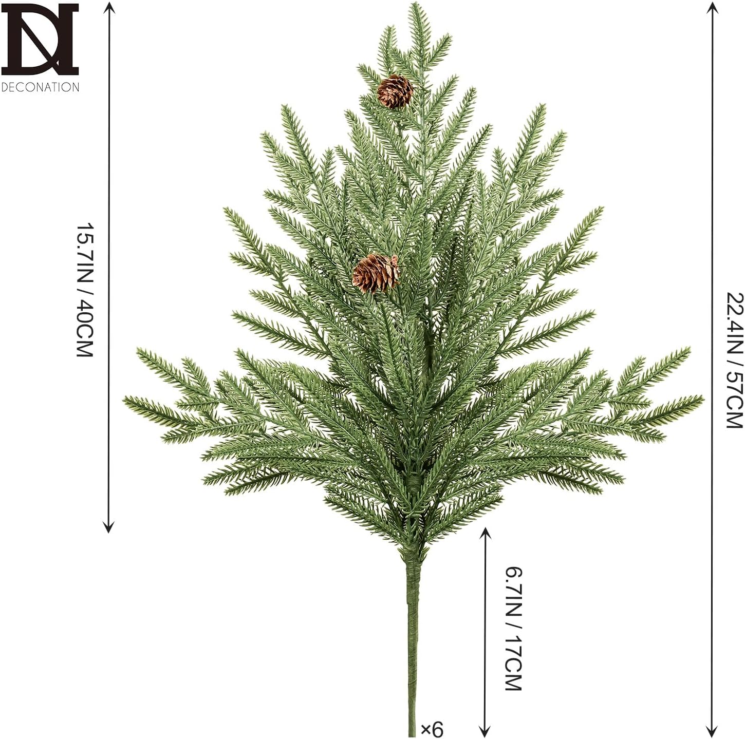 DN DECONATION Artificial Christmas Norfolk Pine Stems, Faux Pine Branches with Cones 22.4" 6PCS - Real Touch PE Greenery Fake Pine Needles for Vase Arrangements, Winter, Indoor Outdoor Home Decor