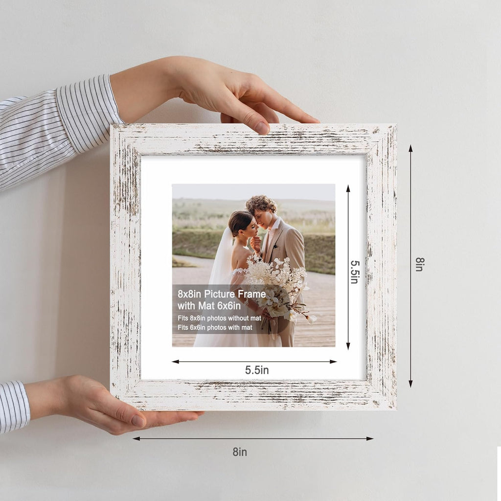 8x8 Picture Frames Set of 4, Made of Glass and Distressed White Wooden Frame - Display Picture 6x6 with Mat or 8 x 8 Without Mat, 8 by 8 Photo for Wall or Tabletop