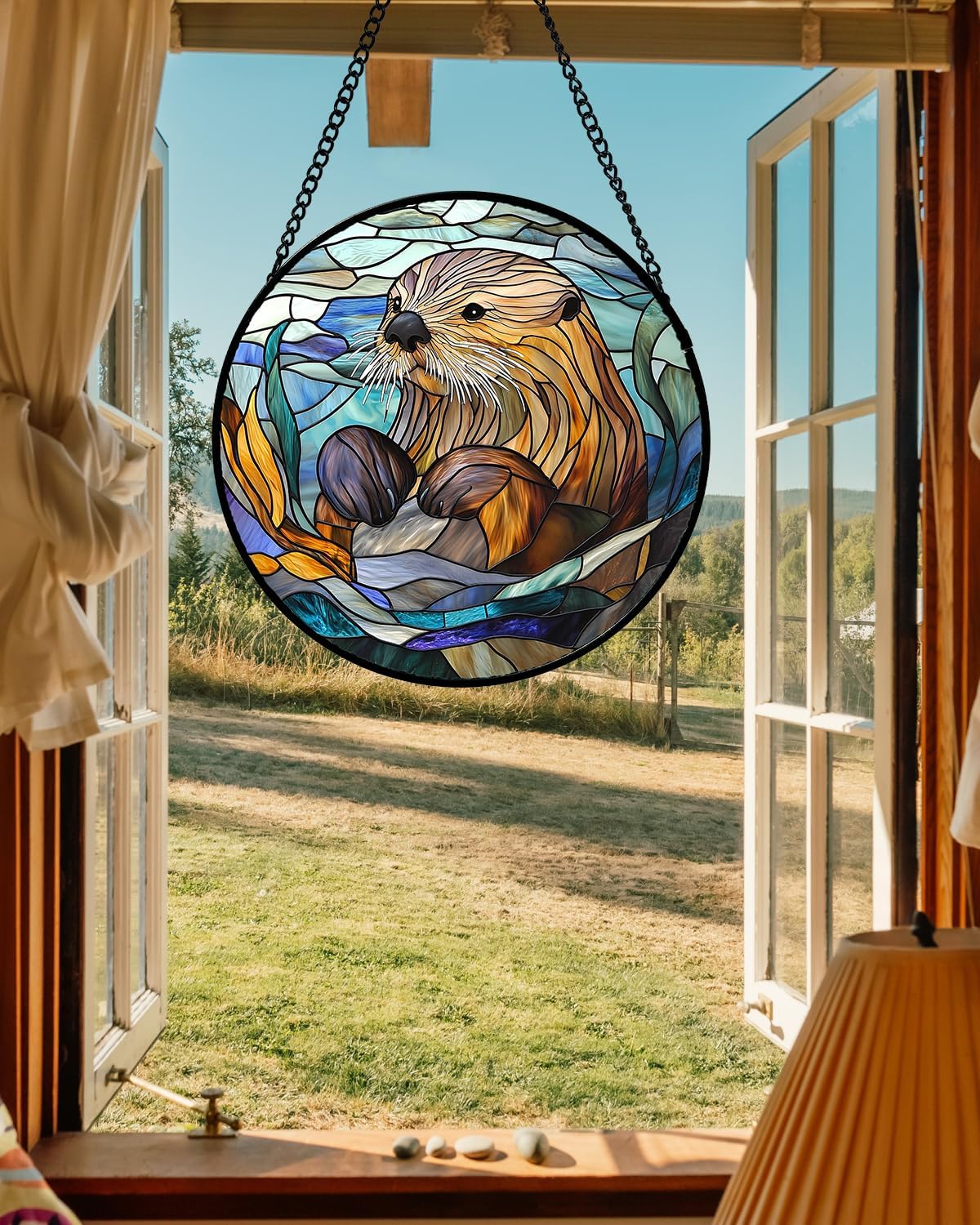 Stained Glass Suncatcher, Blue Ocean Cute Sea Otter Sun Catcher Stain Glass Window Hanging Decoration Mother's Day Birthday Gifts for Women Men Mom Nana 11.8 in