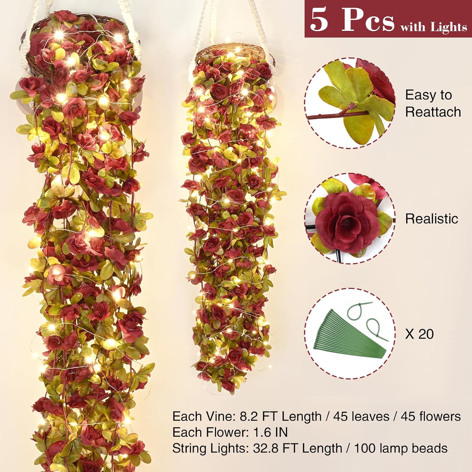 BLEUM CADE 5Pcs 41Ft Flowers Garland Artificial Rose Vines with 32.8Ft String Lights, Cute Fake Hanging Flower Vines Floral Garland Decorations for Wedding Party Wall Room Decor Aesthetic