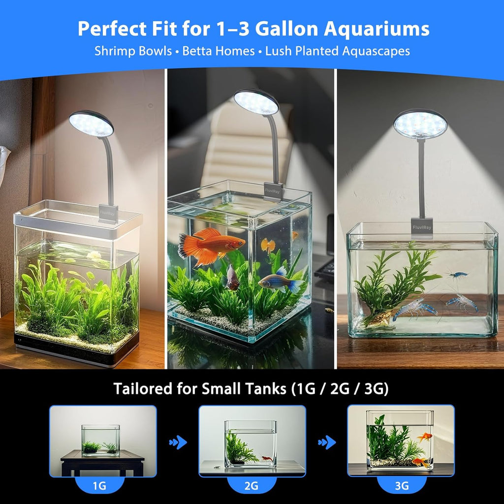 Mini Clip-On Aquarium Light 7W USB Dimmable Fish Tank Lamp with 3 Light Modes (White/RGB/Full Spectrum), 9-Level Brightness, 360° Adjustable Gooseneck for 1–3 Gallon Tanks