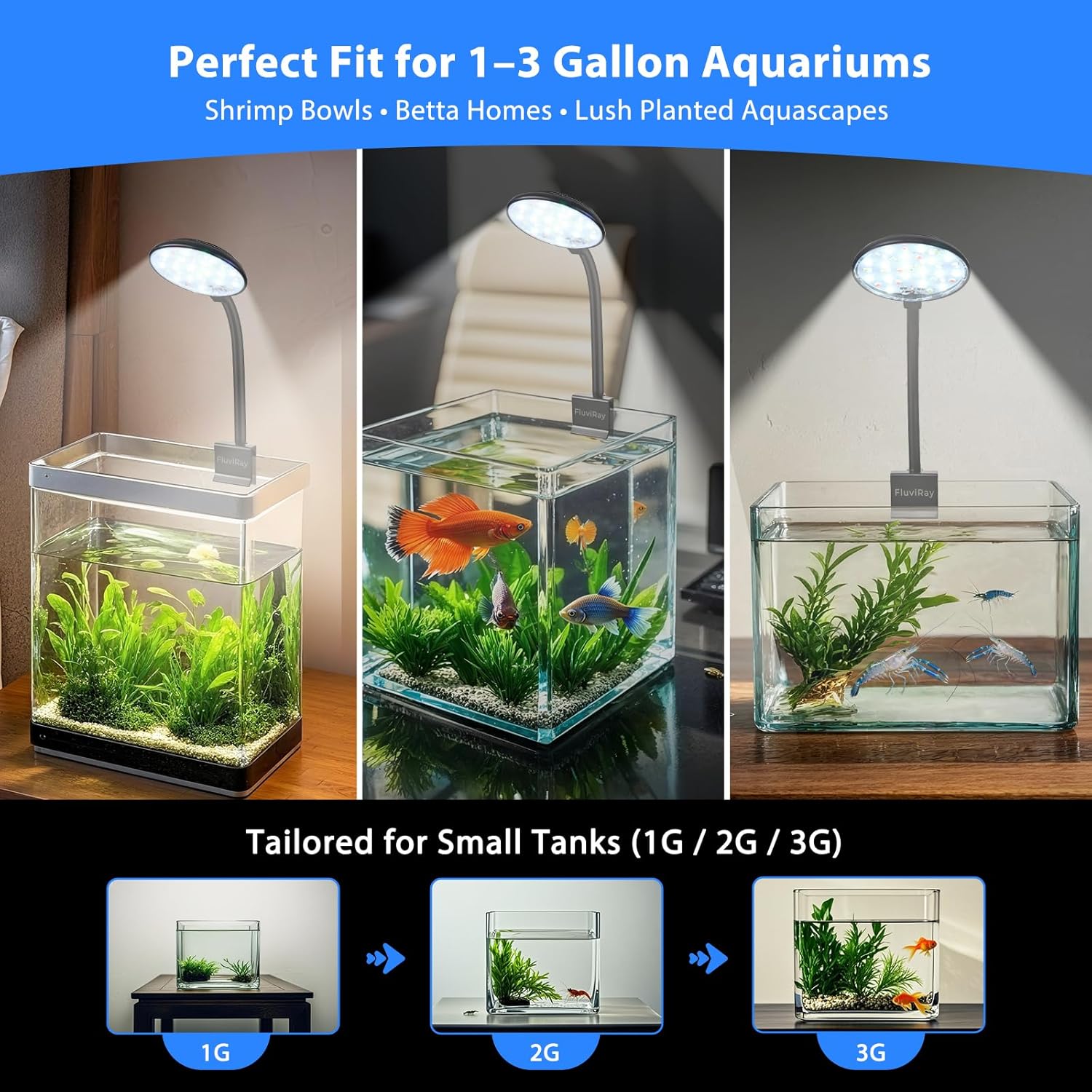 Mini Clip-On Aquarium Light 7W USB Dimmable Fish Tank Lamp with 3 Light Modes (White/RGB/Full Spectrum), 9-Level Brightness, 360° Adjustable Gooseneck for 1–3 Gallon Tanks