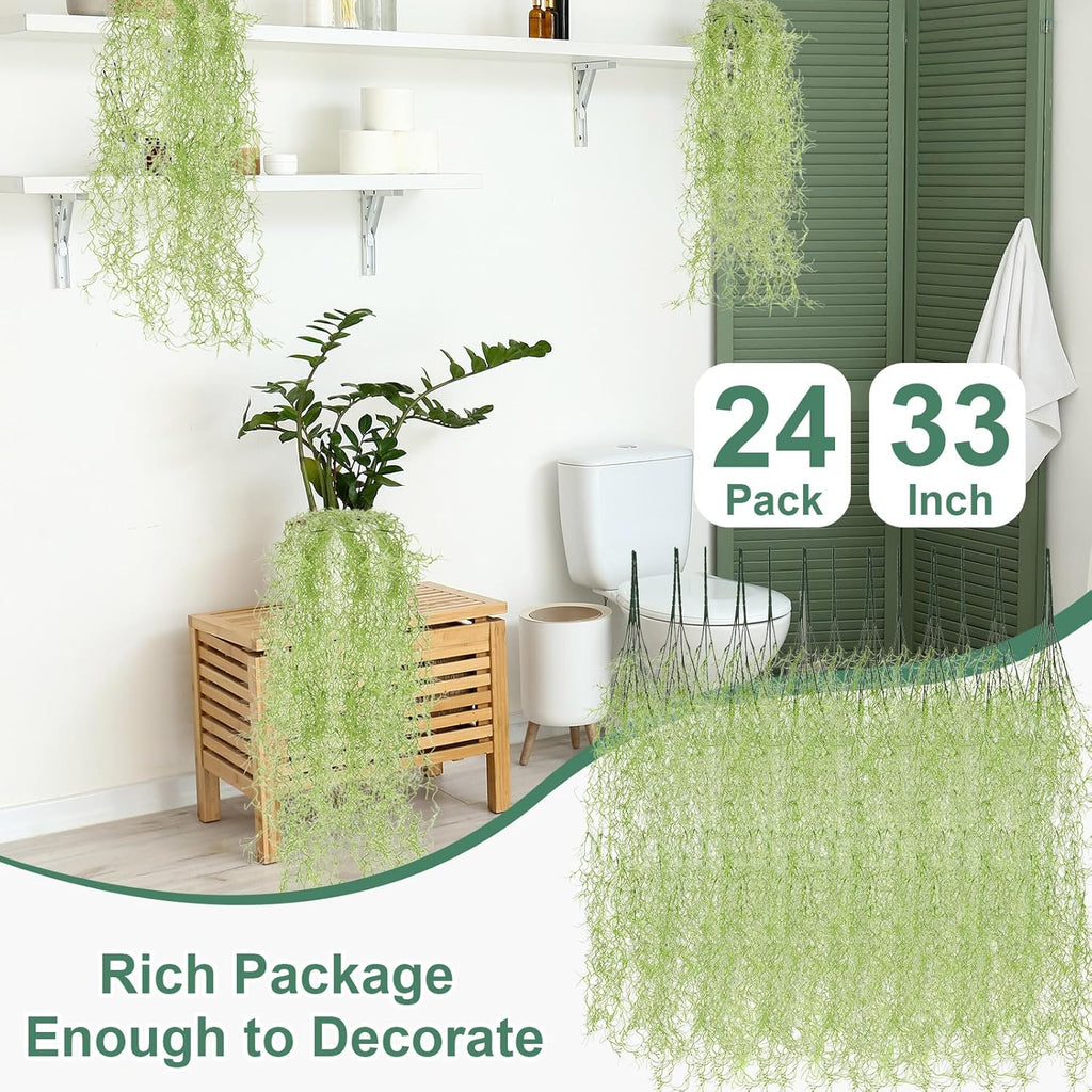 Cindeer 24 Pack Fake Spanish Moss Artificial Hanging Decoration Bulk Faux Greenery Moss Garland for Potted Wall Living Room Indoor Outdoor Decor(33 Inch,Green)