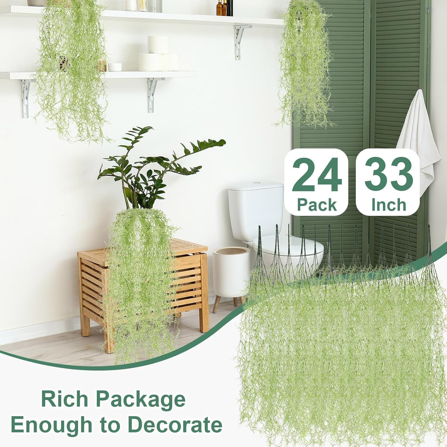 Cindeer 24 Pack Fake Spanish Moss Artificial Hanging Decoration Bulk Faux Greenery Moss Garland for Potted Wall Living Room Indoor Outdoor Decor(33 Inch,Green)