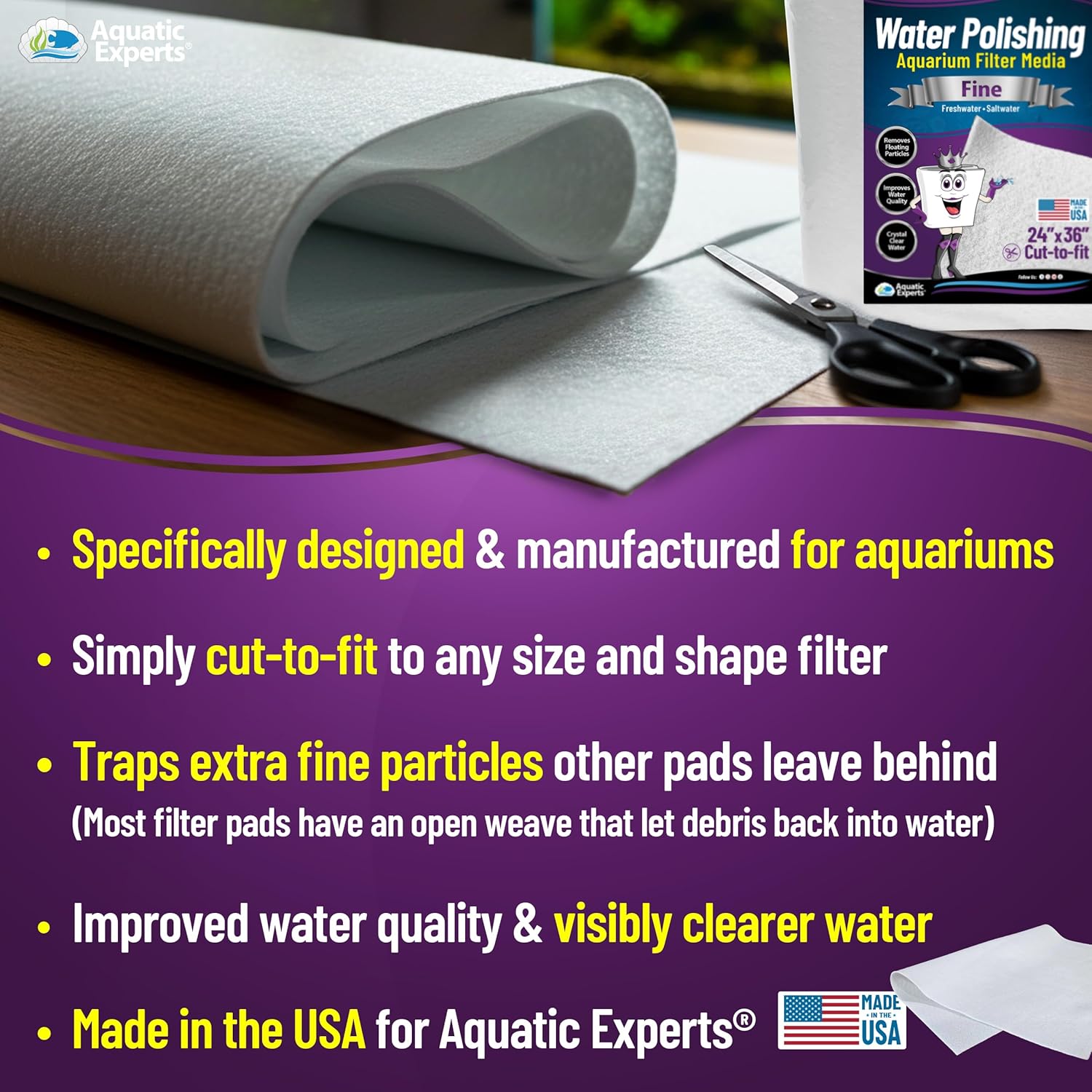 Aquatic Experts Aquarium Polishing Filter Pad, Aquarium Filter Pad, Aquarium Filter Floss for Fish Tank Filters, Water Polishing Pad for Aquarium Filters (36" x 120" Bulk, 100 Micron)