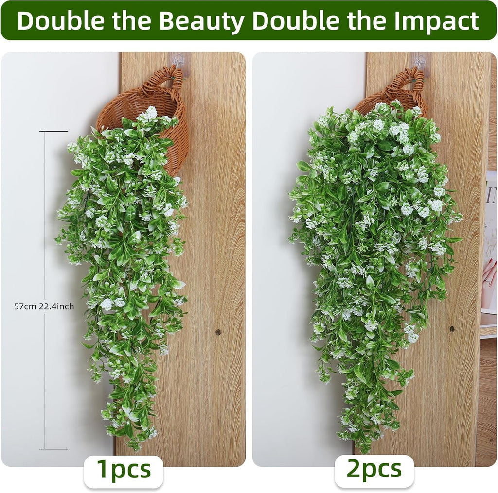 RECUTMS 2Pcs Fake Hanging Plants Artificial Hanging Flowers for Outdoor Decoration Faux White Flowers Artificial UV Resistant Plastic Greenery Vines Ivy for Outdoor Indoor Garden Party Decor（White）