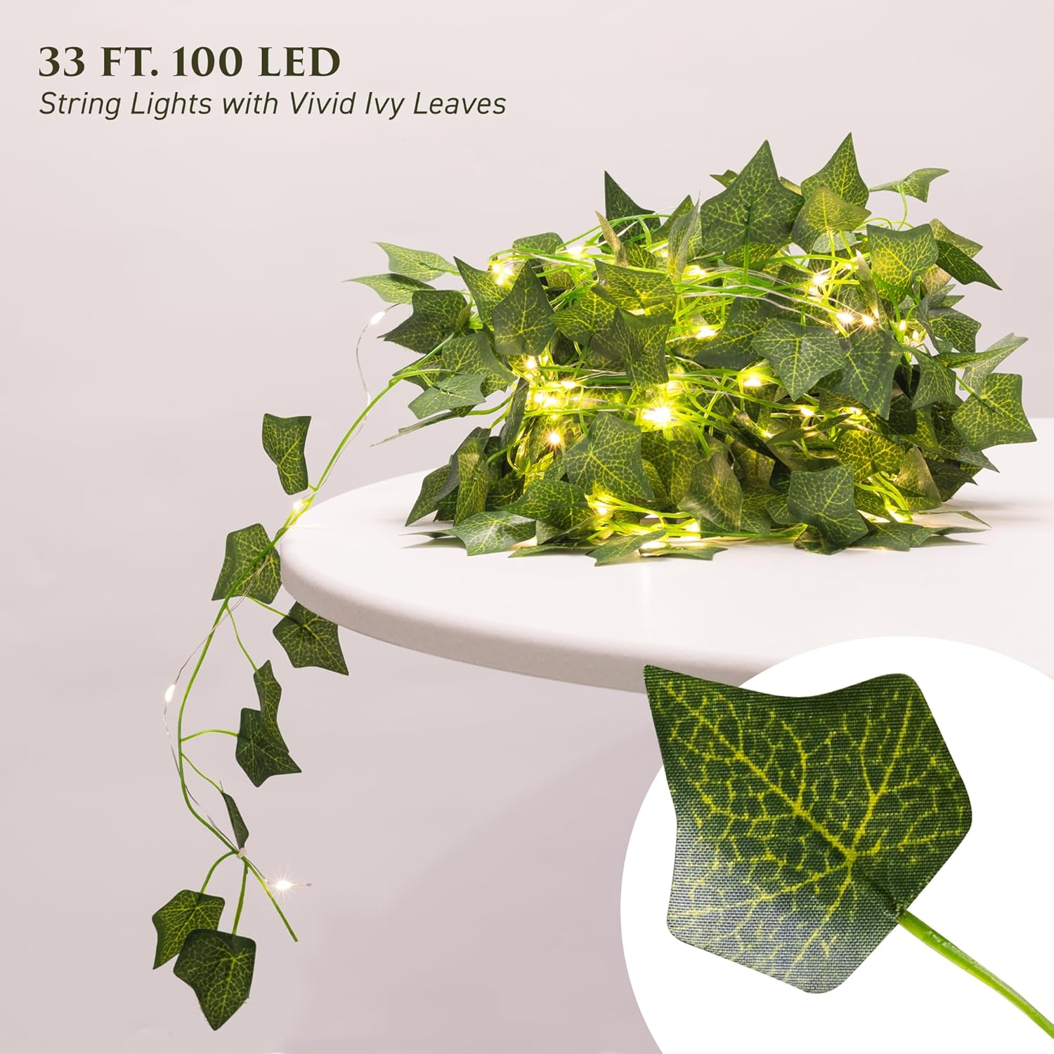 Indoor String Lights, 33ft Artificial Vine with 100 LED Fairy Lights, Battery Operated, Remote Control, 8 Lighting Modes, Green Leaf Decor
