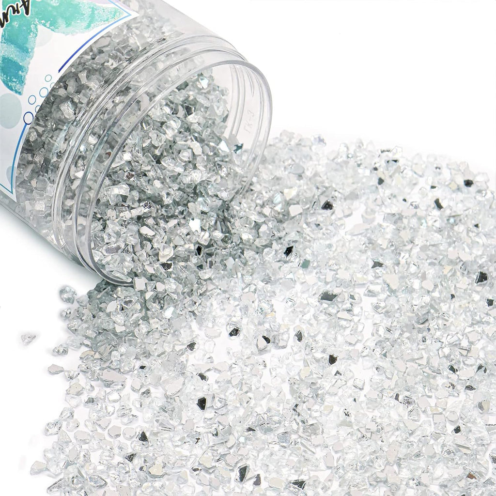 Crushed Glass for Resin Art - 3-6mm White-Backing Mirror, 1.5lb | Broken Glass Pieces for Crafts, Vase Filler & Fire Pit Media | Decorative Stones