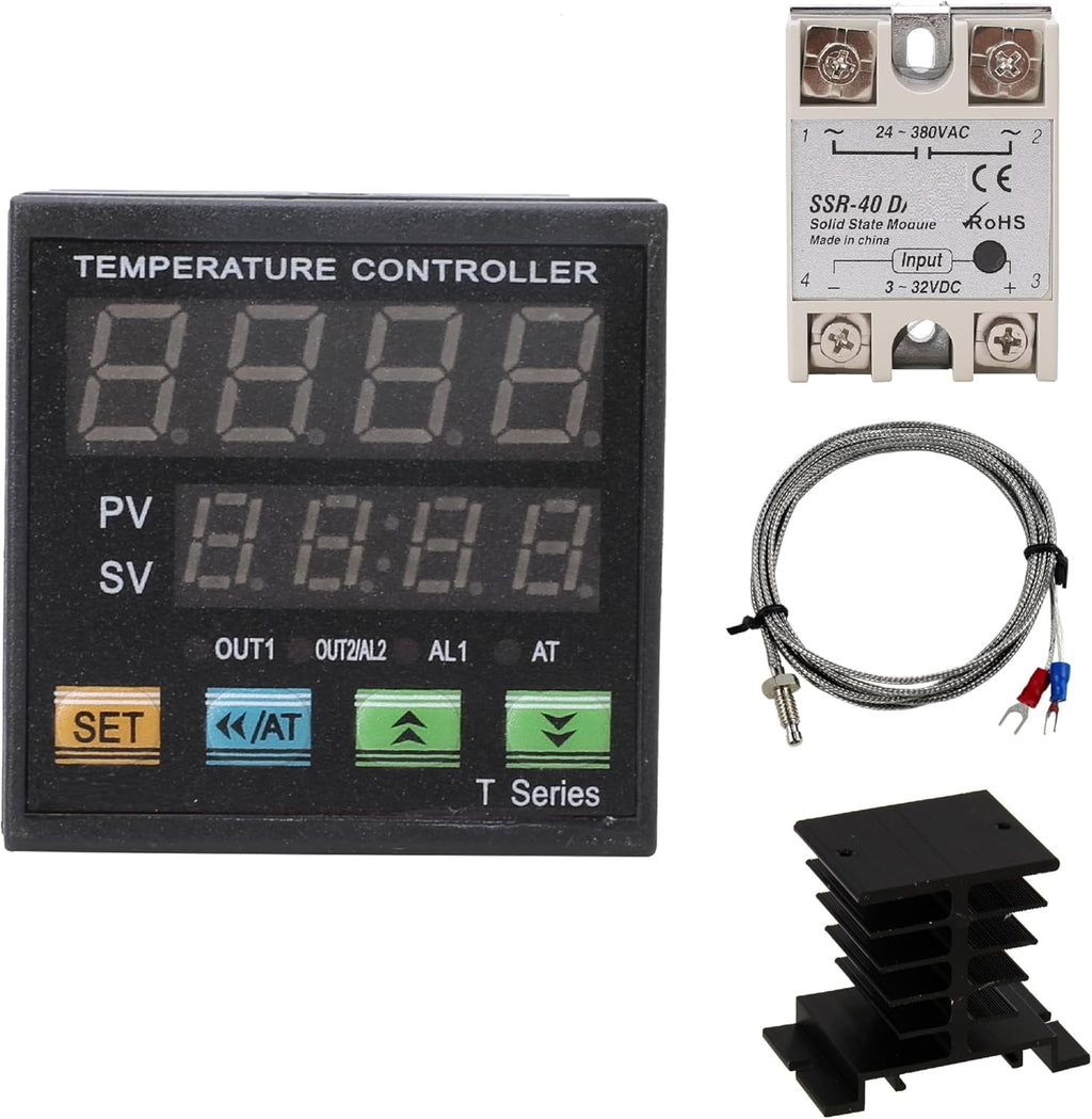 PID Temperature Controller Meter Indicator, Jaybva Digital Universal Thermostat C and Fahrenhe F Display SSR and Alarm Output 40A Solid State Relay and Thermocouple Probe Heat Sink Included