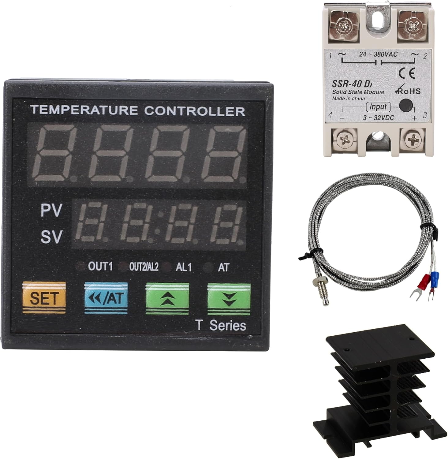 PID Temperature Controller Meter Indicator, Jaybva Digital Universal Thermostat C and Fahrenhe F Display SSR and Alarm Output 40A Solid State Relay and Thermocouple Probe Heat Sink Included