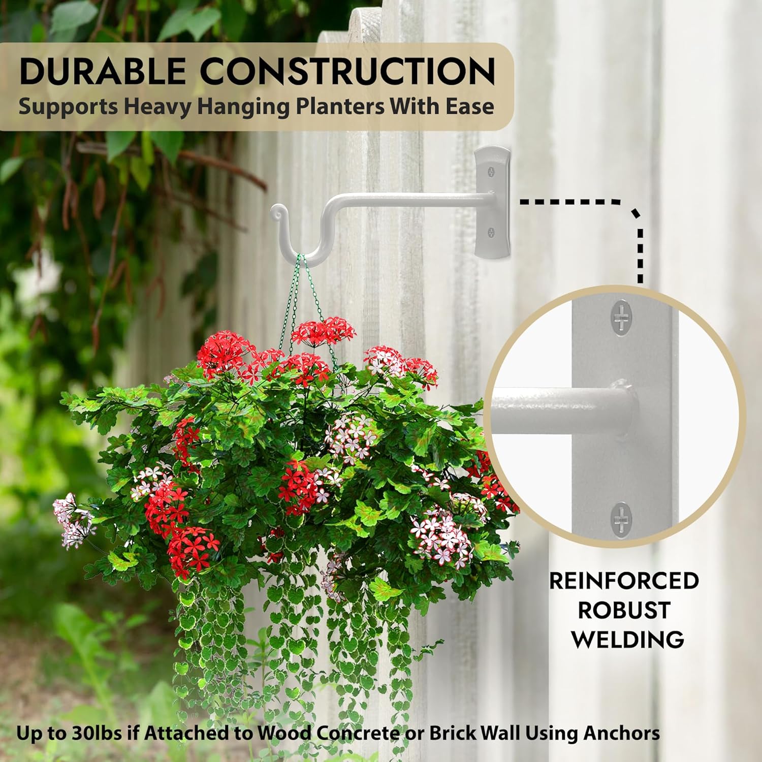 RTZEN Plant Hangers Indoor or Outdoor - Wrought Iron Metal Hanger Indoor Hook - Heavy Duty Wall Bracket Hooks for Hanging Plants Baskets Lanterns Wind Chimes - 2 Pack (White Shepherds Hooks)