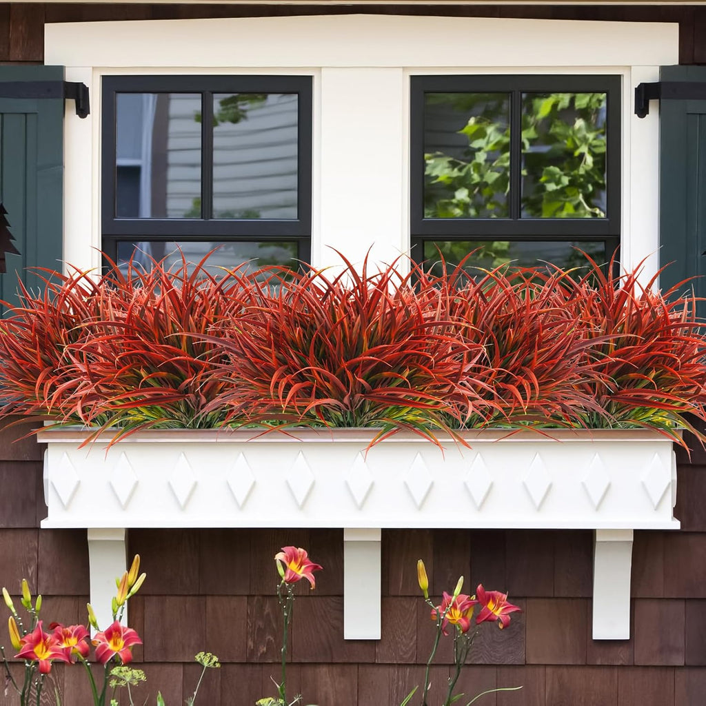 Uieke 6 Bundles Artificial Outdoor Plants UV Resistant Fake Grass Plants Faux Plastic Plants Greenery Shrubs for Home Garden Pathway Window Box Front Porch Cemetery Fall Decor, Autumn Red