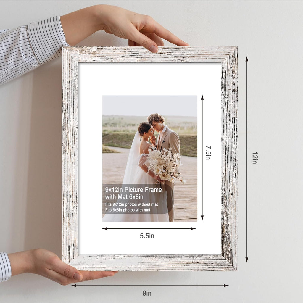 9x12 Picture Frame Set of 4, Made of Glass and Distressed White Wooden Frame - Display Picture 6x8 with Mat or 9 x 12 Without Mat, 9 by 12 Photo for Wall or Tabletop