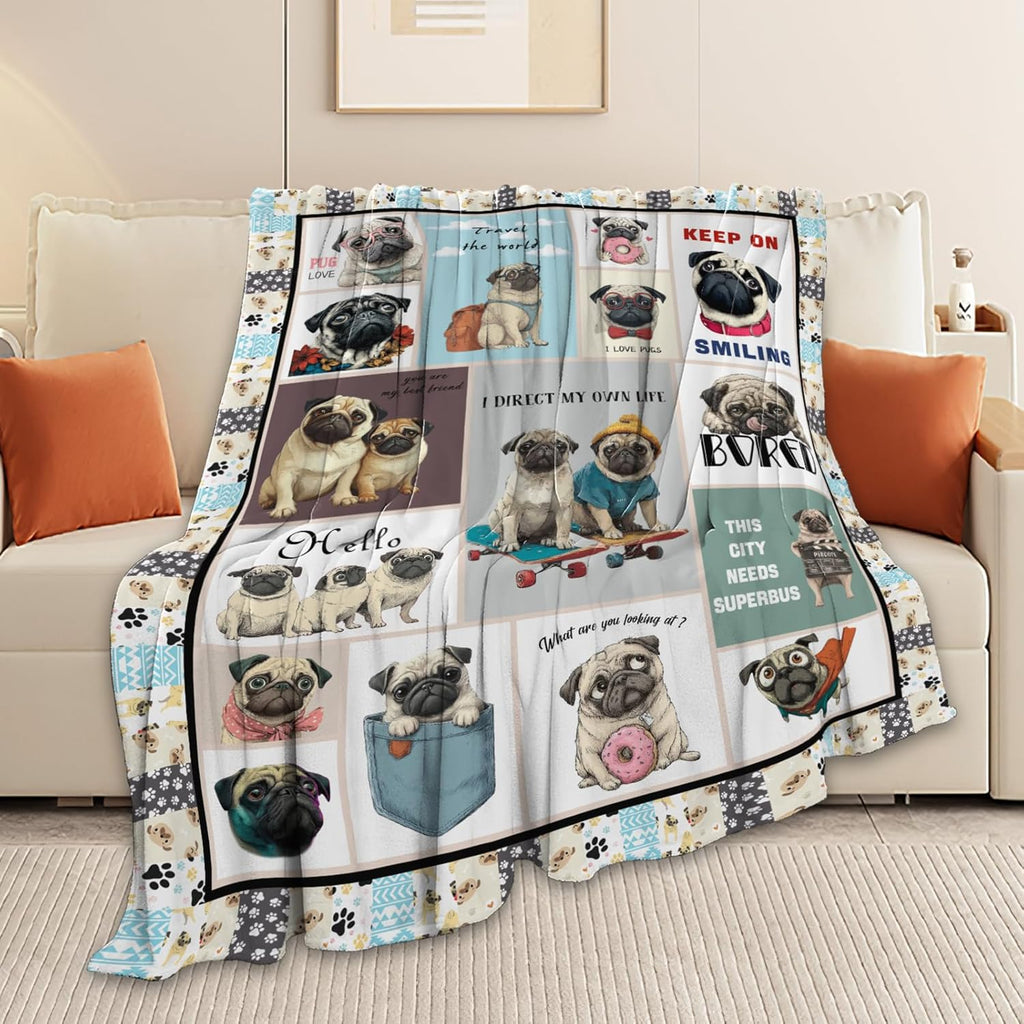 Pug Throw Blanket Pug Puppy Stuff Gifts for Dog Lover Kids Girls Boys Adults Women Men Soft Cozy Warm Plush Fluffy Fuzzy Fleece Blanket Decor 40''X50''