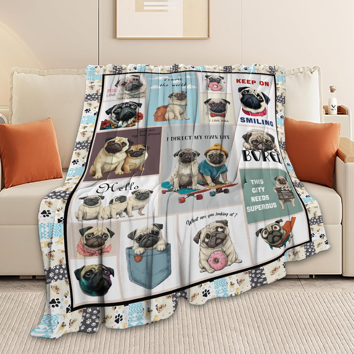 Pug Throw Blanket Pug Puppy Stuff Gifts for Dog Lover Kids Girls Boys Adults Women Men Soft Cozy Warm Plush Fluffy Fuzzy Fleece Blanket Decor 40''X50''