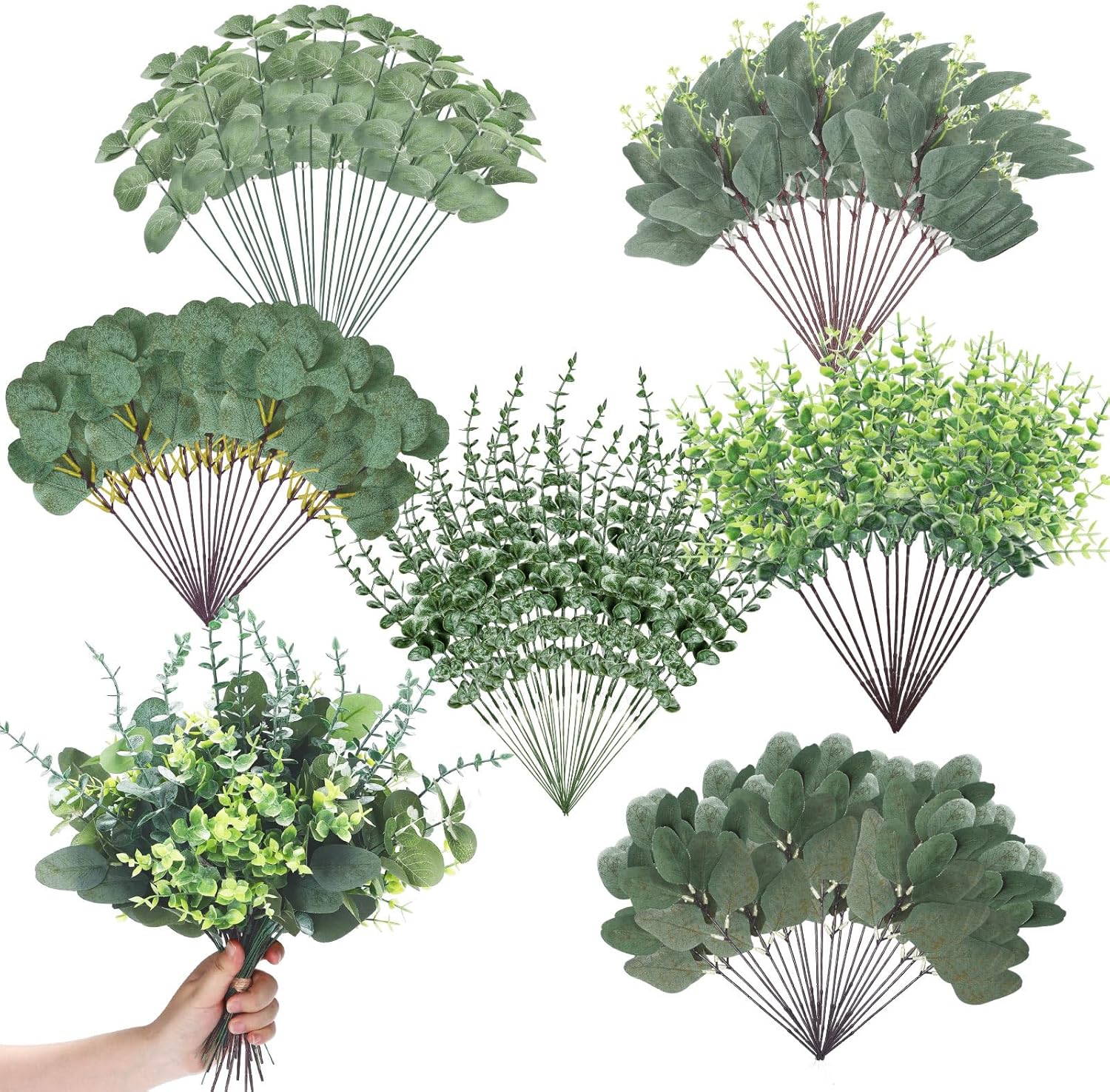 Ceenna 200 Pcs 6 Kinds Mixed Eucalyptus Leaves Stems Bulk Artificial Eucalyptus Leaves Sprays Silver Dollar Faux Greenery Picks Bundle for Wedding Vase Floral Arrangement Decor