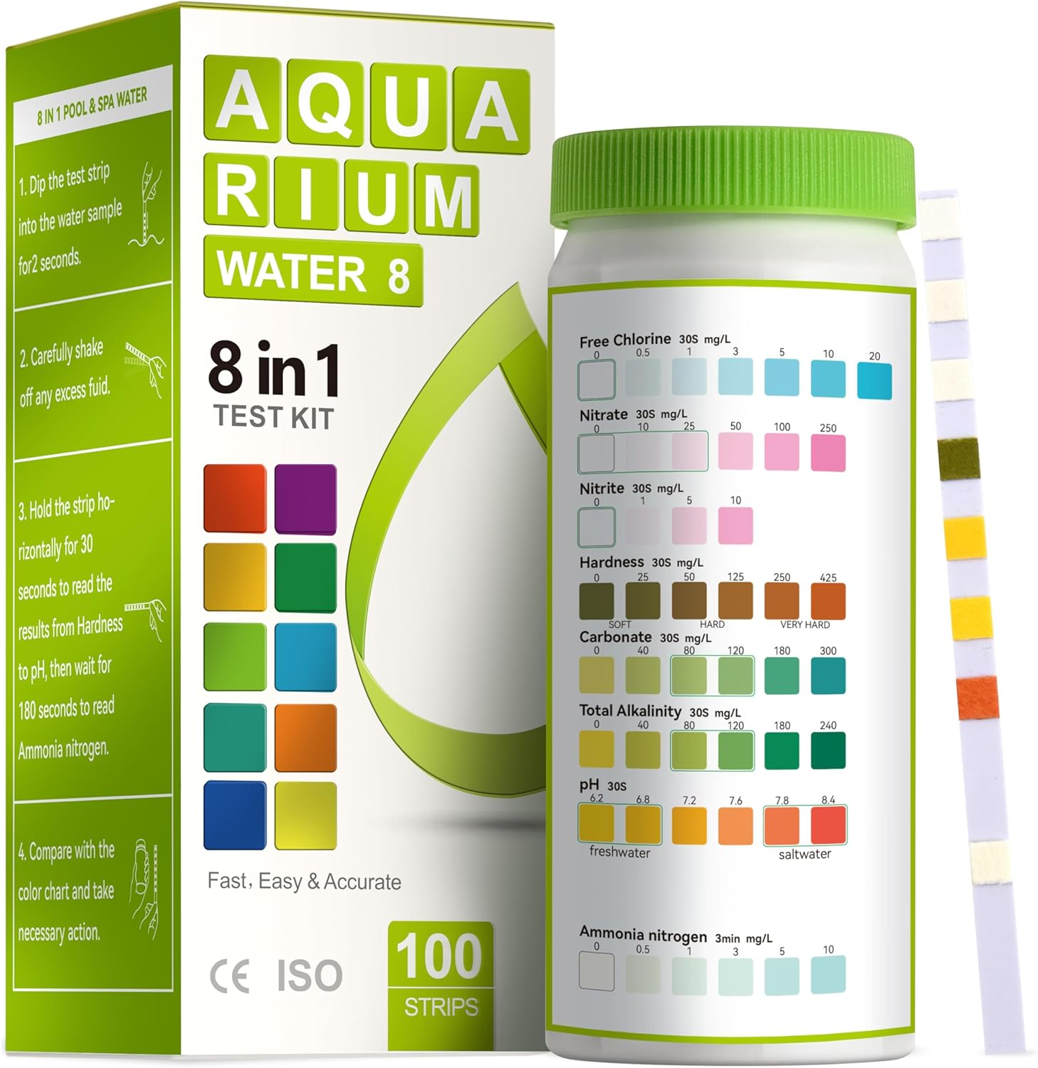 AAwipes Aquarium Ammonia Test Strips 8-in-1 |100 Strips | Quick & Accurate Water Testing for Freshwater & Saltwater Tanks -Test pH, Carbonate, Alkalinity, Hardness, Chlorine, Nitrite, etc. (K02-100)
