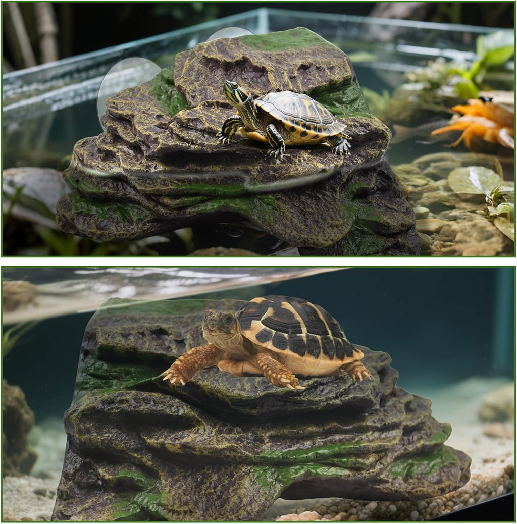 PINVNBY Resin Turtle Basking Platform with 2 Pcs Suction Cups,Floating Dock for Turtles,Tortoise Climbing Ramp Shale - Ideal for Aquatic Turtles,Stable & Durable,Easy to Install(Green Brown L)