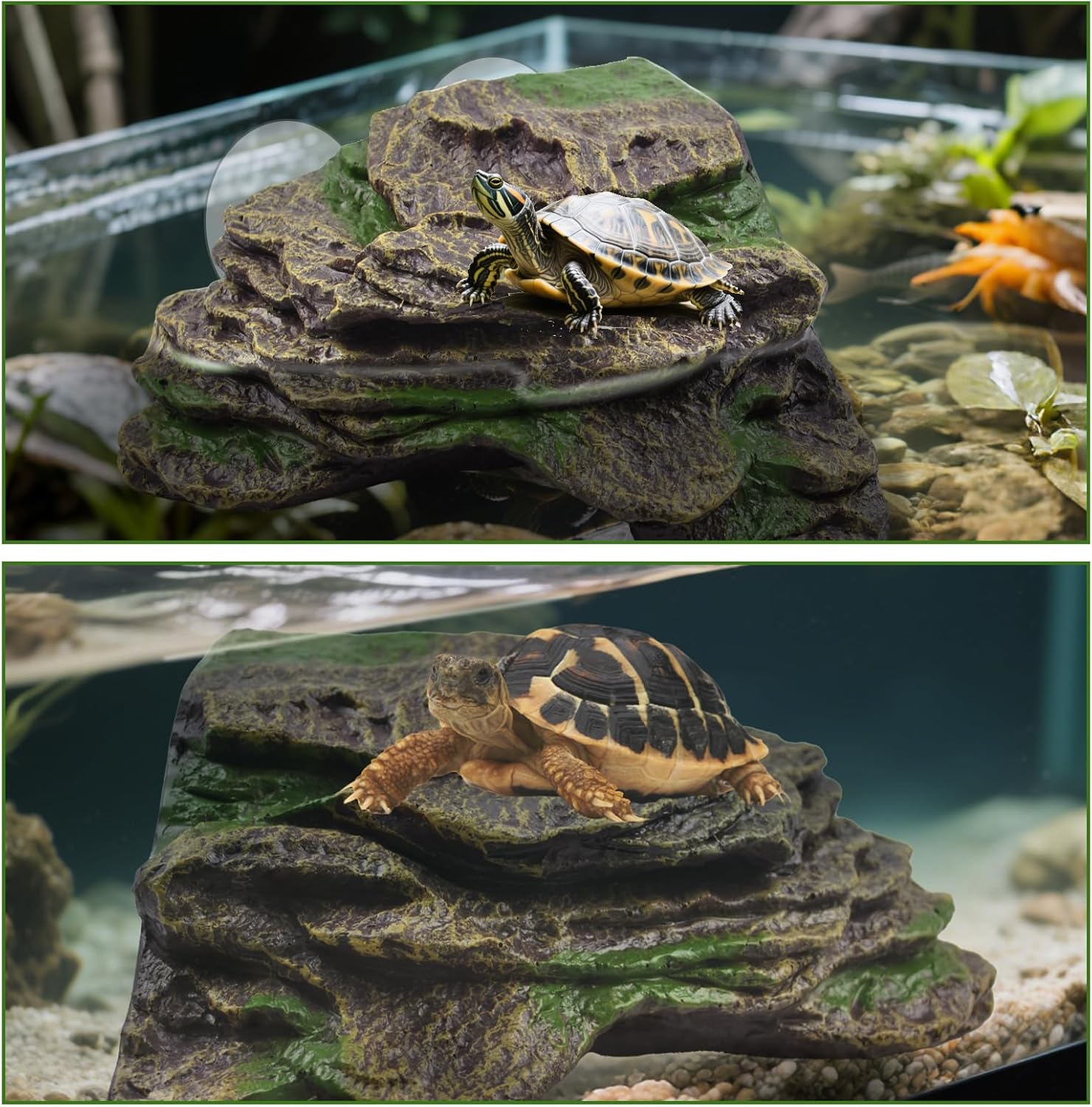 PINVNBY Resin Turtle Basking Platform with 2 Pcs Suction Cups,Floating Dock for Turtles,Tortoise Climbing Ramp Shale - Ideal for Aquatic Turtles,Stable & Durable,Easy to Install(Green Brown L)