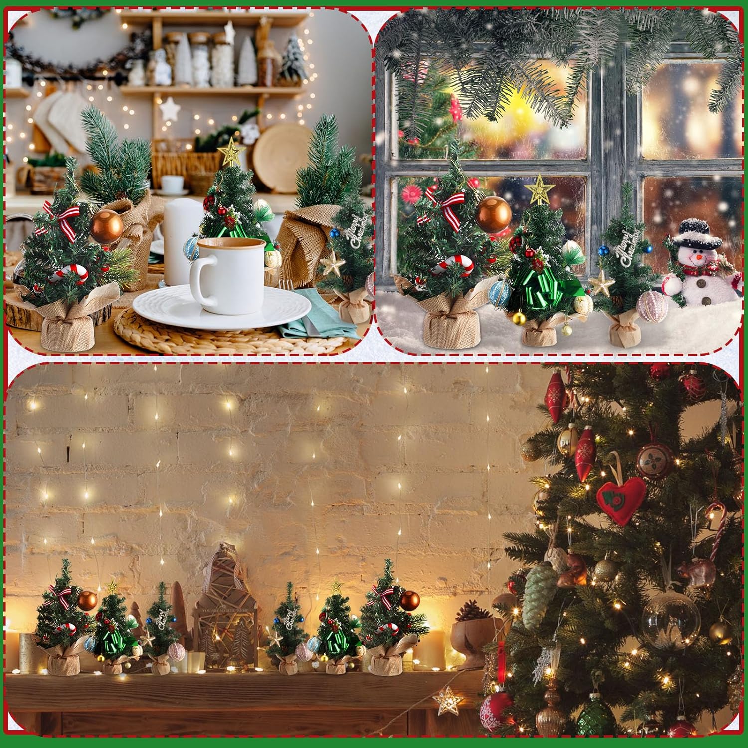 Libima 10 Pieces Tabletop Mini Christmas Tree 15.7" 11.8" 7.9" Artificial Green Xmas Pine Tree Christmas Decorations for Home Miniature Trees with Linen Base for Dining Kitchen Desk Home