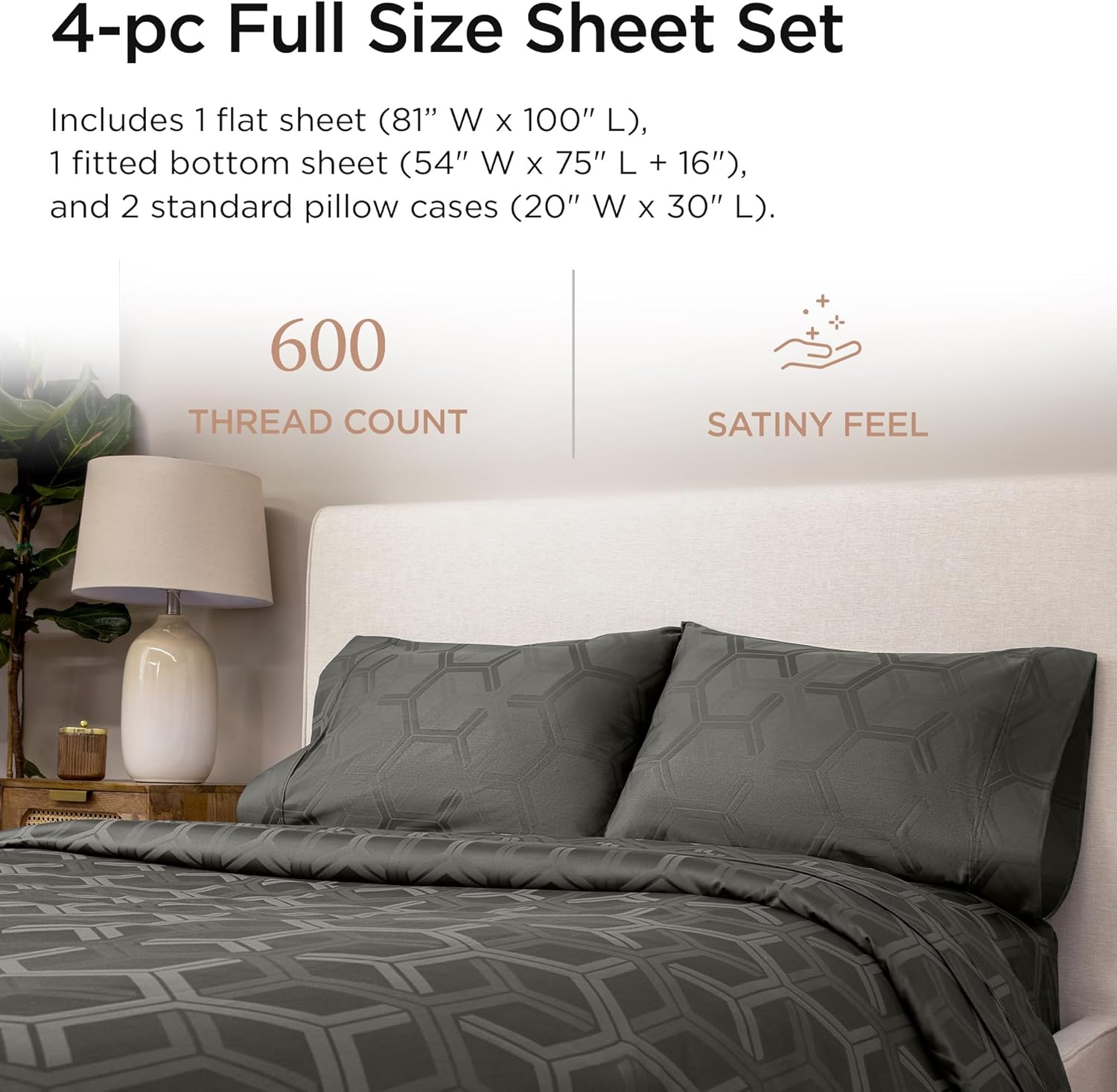 Threadmill 100% Cotton Sheets for Full Size Bed - 600 Thread Count Full Bed Sheets Set with 16” Deep Pocket - Jacquard Sateen Weave 4-Piece Bedding Set with Cooling Effect, Dark Grey