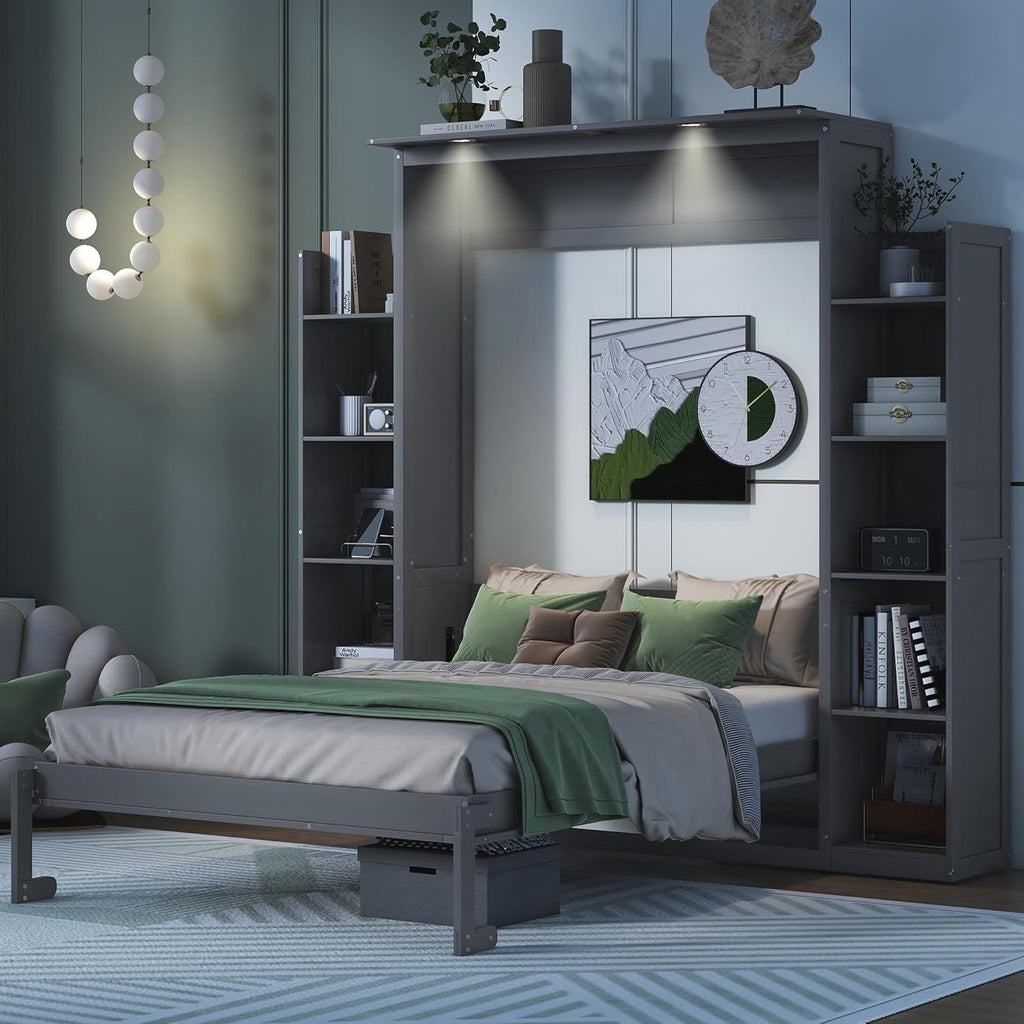 MERITLINE Full Murphy Bed Kit with Storage 8 Shelves and LED Lights, Wood Murphy Bed Cabinet Murphy Bed in a Cabinet Grey Murphy Wall Bed Units Full Size, LP00069
