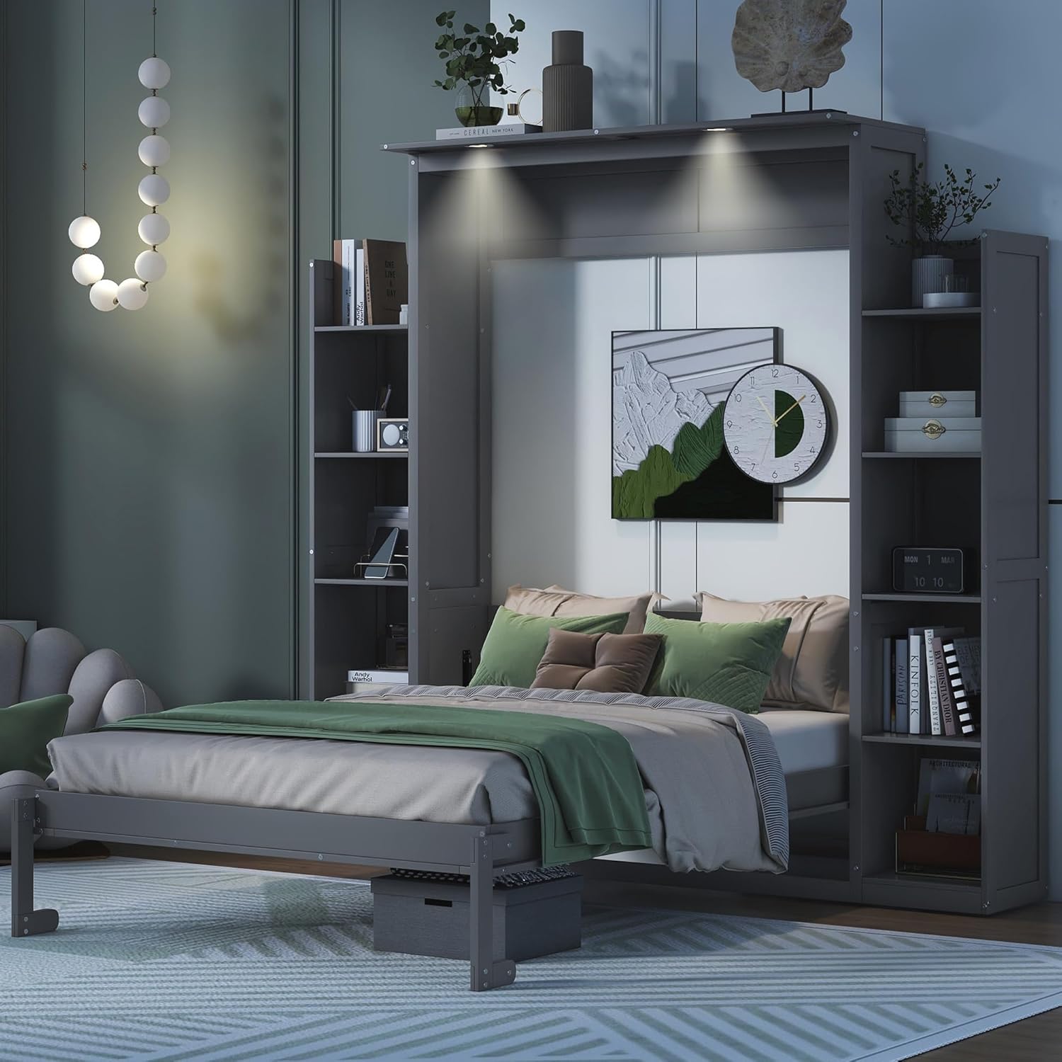 MERITLINE Full Murphy Bed Kit with Storage 8 Shelves and LED Lights, Wood Murphy Bed Cabinet Murphy Bed in a Cabinet Grey Murphy Wall Bed Units Full Size, LP00069