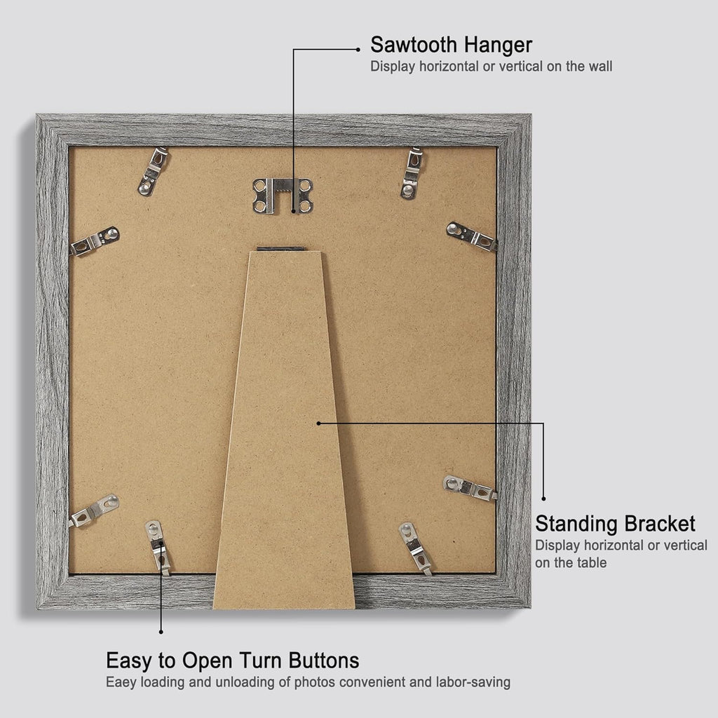 10x10 Picture Frame Set of 4, Made of Glass and Grey Wooden Frame - Display Picture 8x8 with Mat or 10 x 10 Without Mat, 10 by 10 Photo for Wall or Tabletop