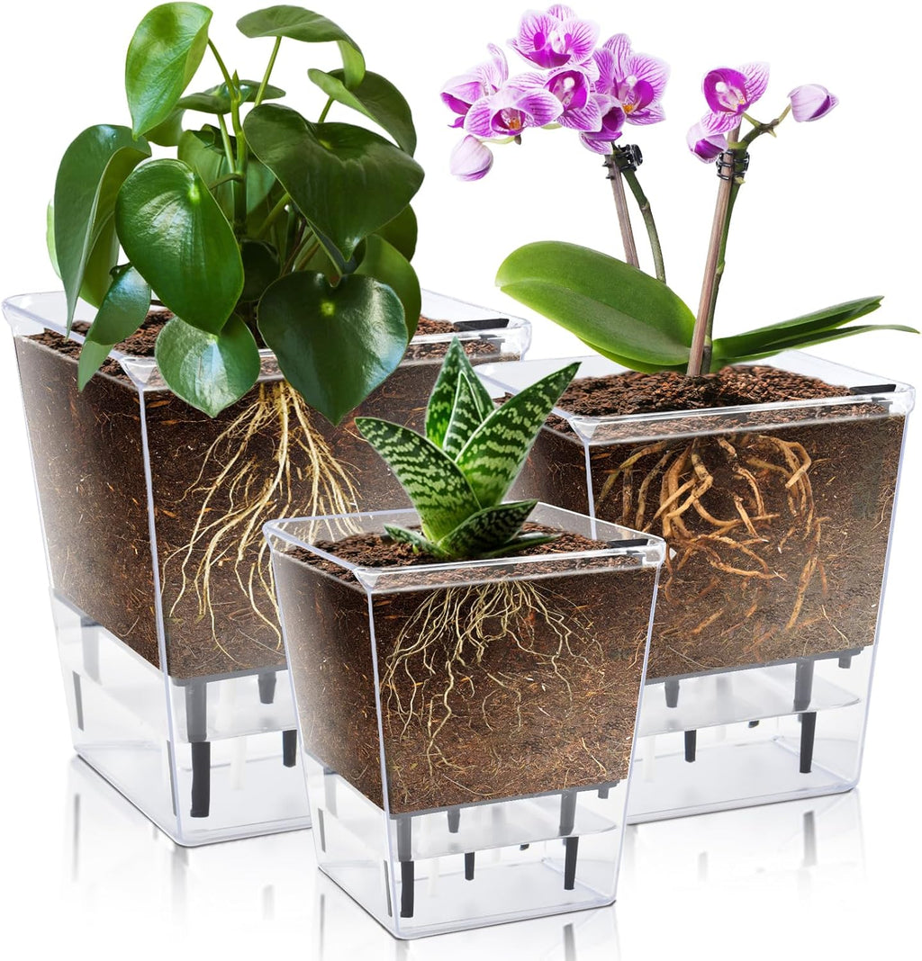 Self Watering Pots Set, 3 Pack 5/4.1/2.7 Inch Self Watering Pot for Indoor Plants, Clear Flowers Pot Planter with Deep Reservoir for Spider Plant, Orchid, African Violet
