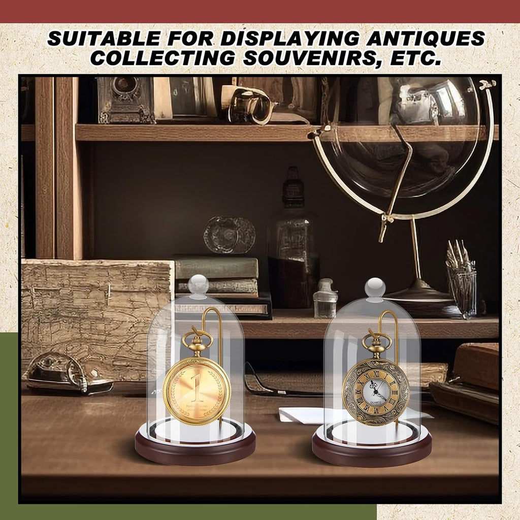 2 Pcs Pocket Watch Glass Display with Hooks Dome Cloche with Wood Base Decorative Dome Showcase for Watch Plants Medals Photos Collectibles Dark MDF Base