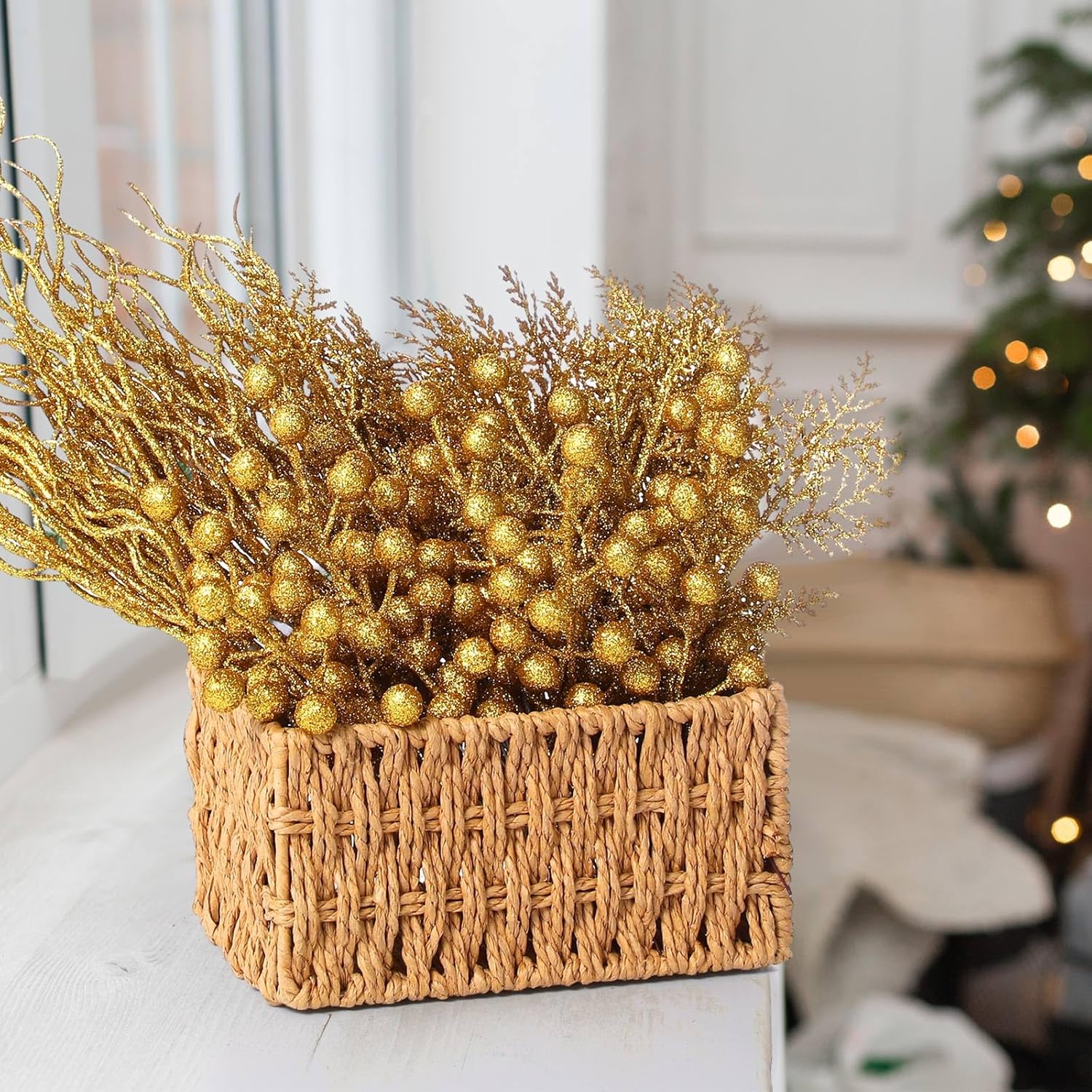 75 Pcs Christmas Glitter Branches 3 Styles Artificial Christmas Picks Berries Stems Pine Needles Floral Twig Spray for Xmas Tree Ornaments DIY Wreath Garland(Gold)