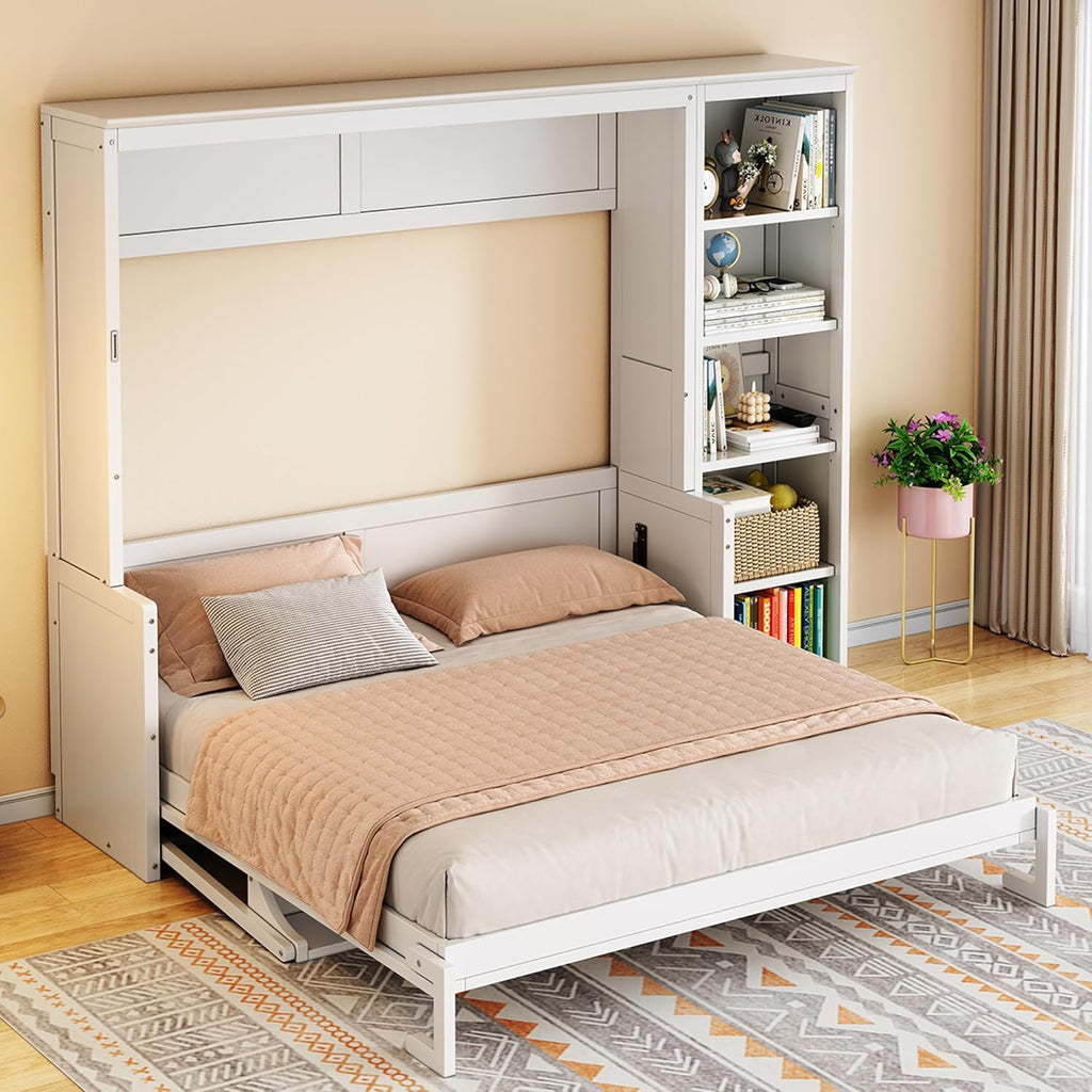 MERITLINE Queen Murphy Bed with Desk and Storage Shelves,Wood Hideaway Murphy Wall Bed with Storage Bookcase for Adults (White,Queen)