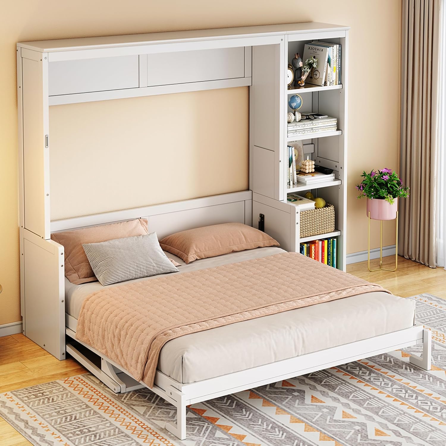 MERITLINE Queen Murphy Bed with Desk and Storage Shelves,Wood Hideaway Murphy Wall Bed with Storage Bookcase for Adults (White,Queen)