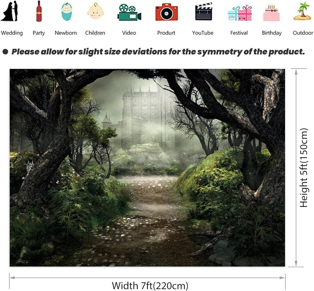 Renaiss Enchanted Forest Backdrop Fabric Green Medieval Smoky Jungle Forest Wonderland Fairy Tale Adventure Photography Background for Kids Fairytale Theme Party Decorations Photo Prop 7x5ft
